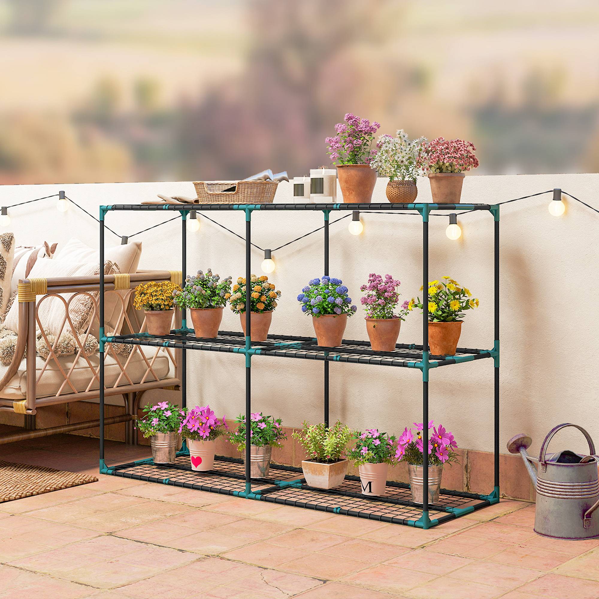 support plantes 3 niveaux ouvert acier plastique 143x48x100 jardin balcon vert foncé - Image 4