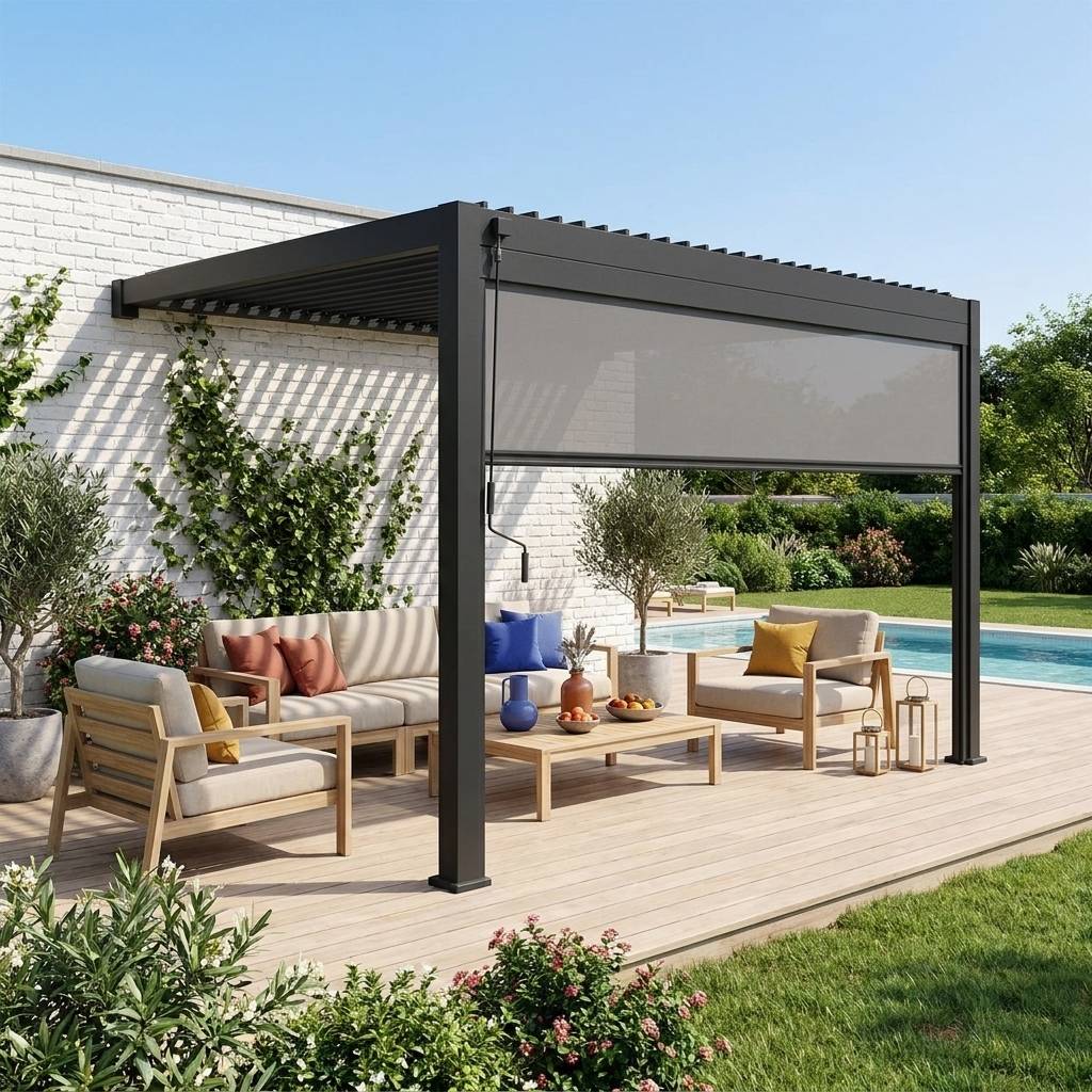 Pergola bioclimatique aluminium adossée 4x3m + 1 store 4m anthracite Triomphe  | sweeek - Image 1