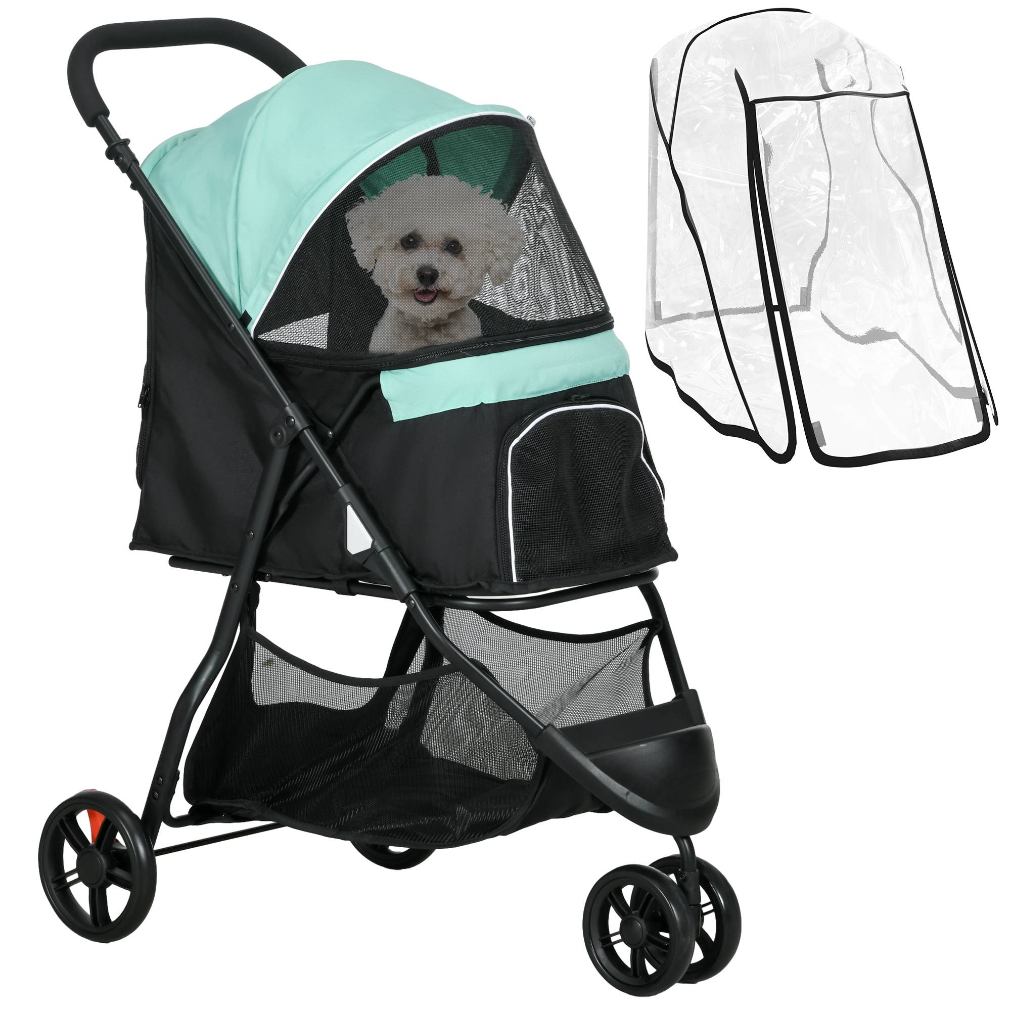 Poussette pour animaux, poussette pour chien, pliable, avec protection pluie, 2 porte-gobelets, bleu et vert - Image 1
