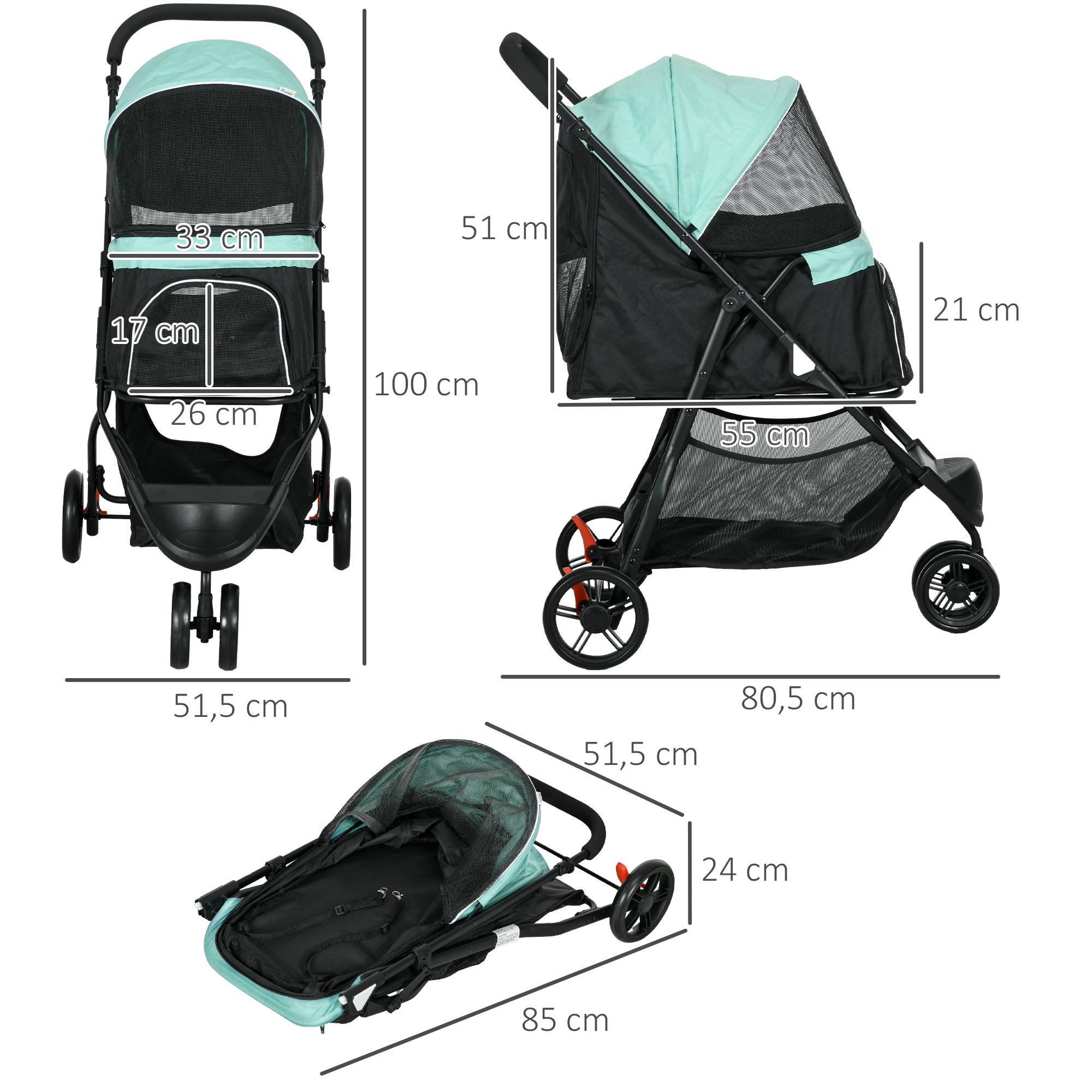 Poussette pour animaux, poussette pour chien, pliable, avec protection pluie, 2 porte-gobelets, bleu et vert - Image 5