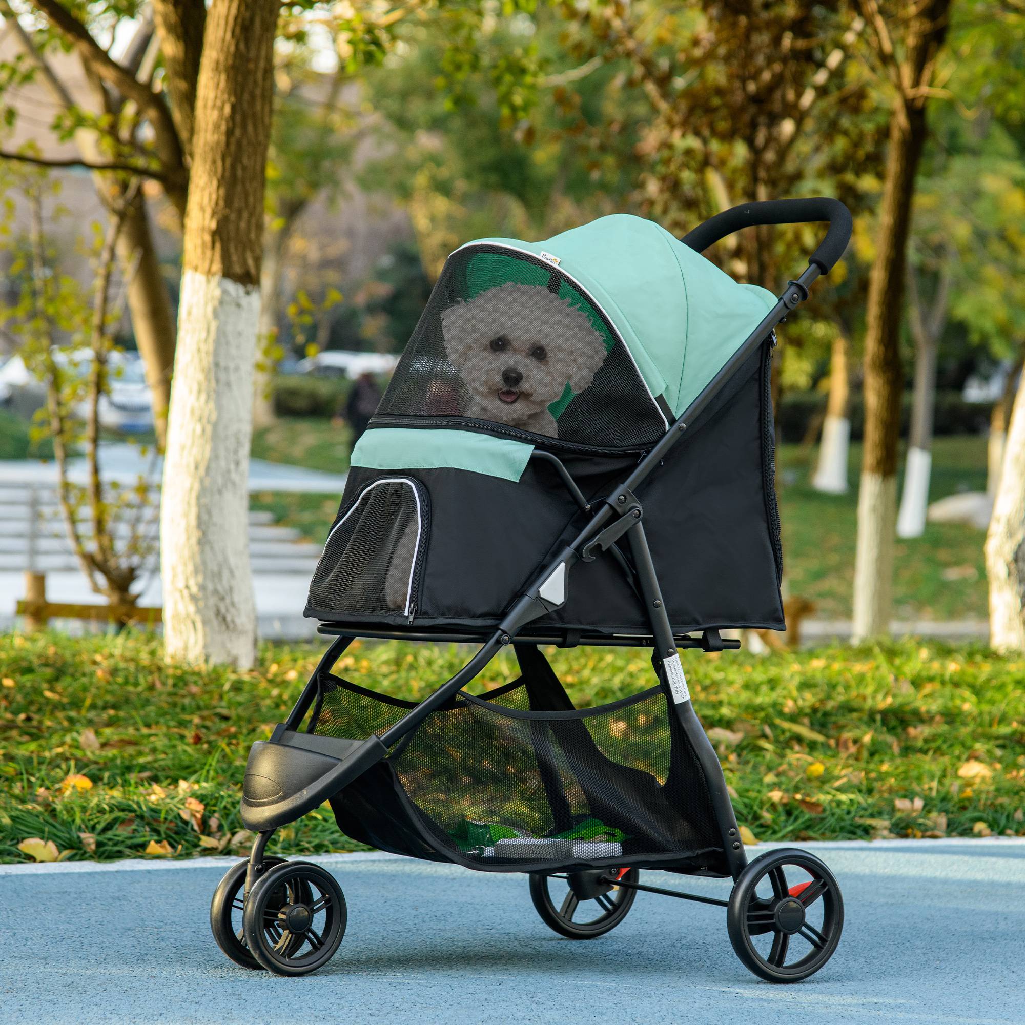 Poussette pour animaux, poussette pour chien, pliable, avec protection pluie, 2 porte-gobelets, bleu et vert - Image 4
