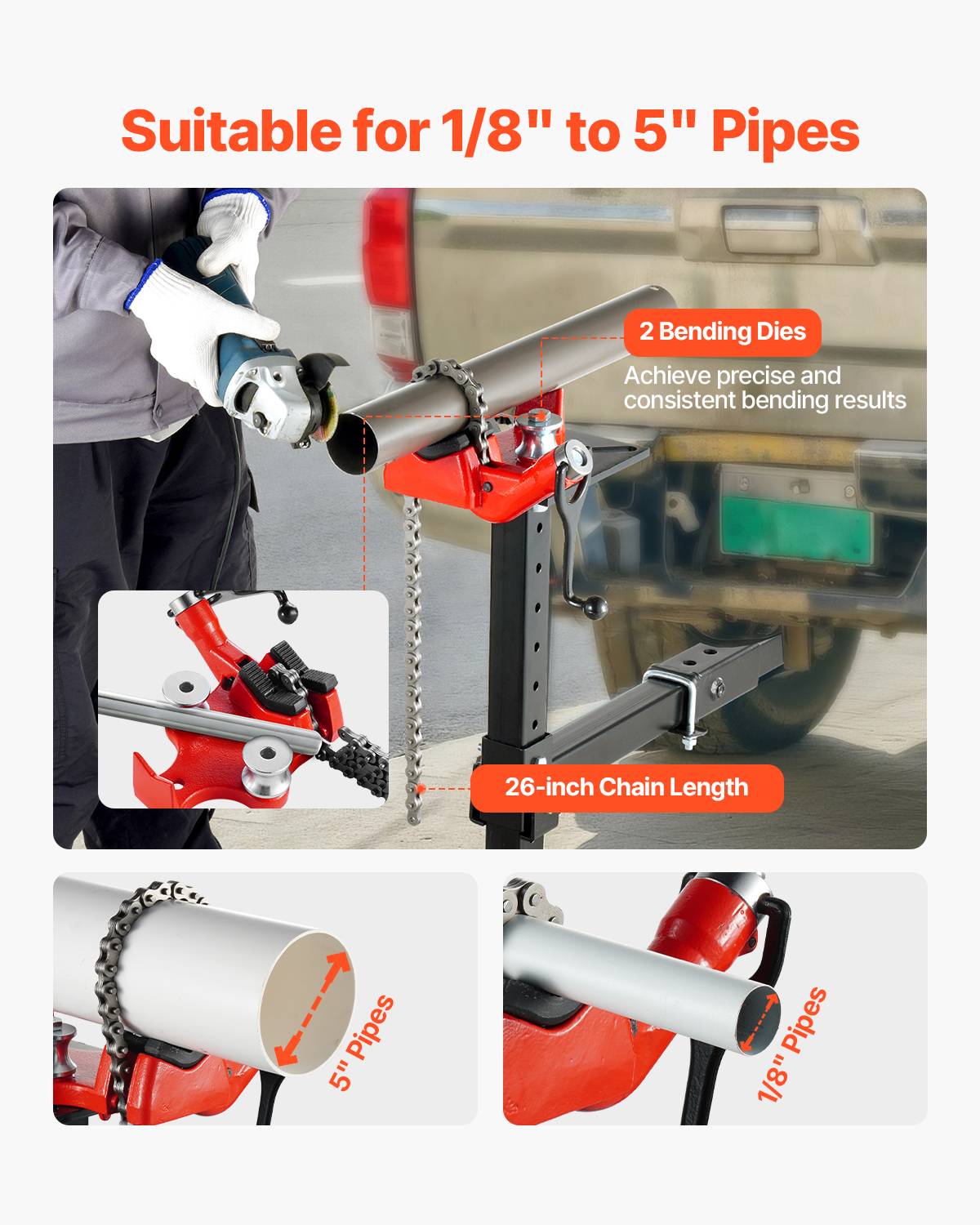 Vevor - VEVOR Étau à chaîne pour tuyaux 3,175–127 mm, chaîne 660 mm, base fonte, support attelage réglable 9 niveaux, compatible récepteurs 50 x 50 mm. - Image 2