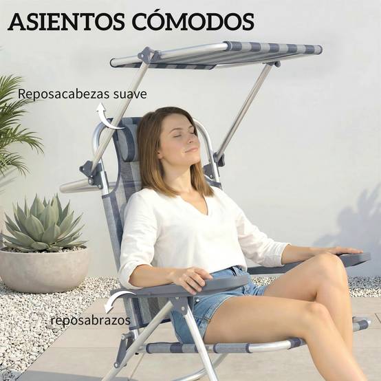 Ensemble de 2 chaises de plage pliantes avec auvent réglable, dossier inclinable 6 positions, appui-tête, bleu et blanc - Image 8