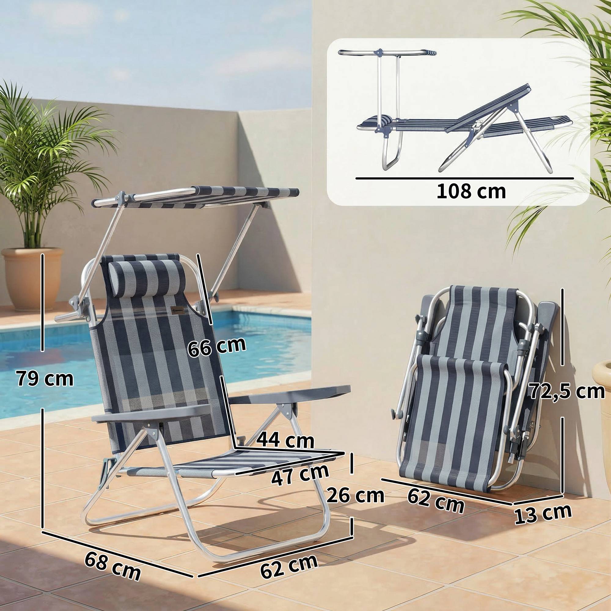 Ensemble de 2 chaises de plage pliantes avec auvent réglable, dossier inclinable 6 positions, appui-tête, bleu et blanc - Image 5