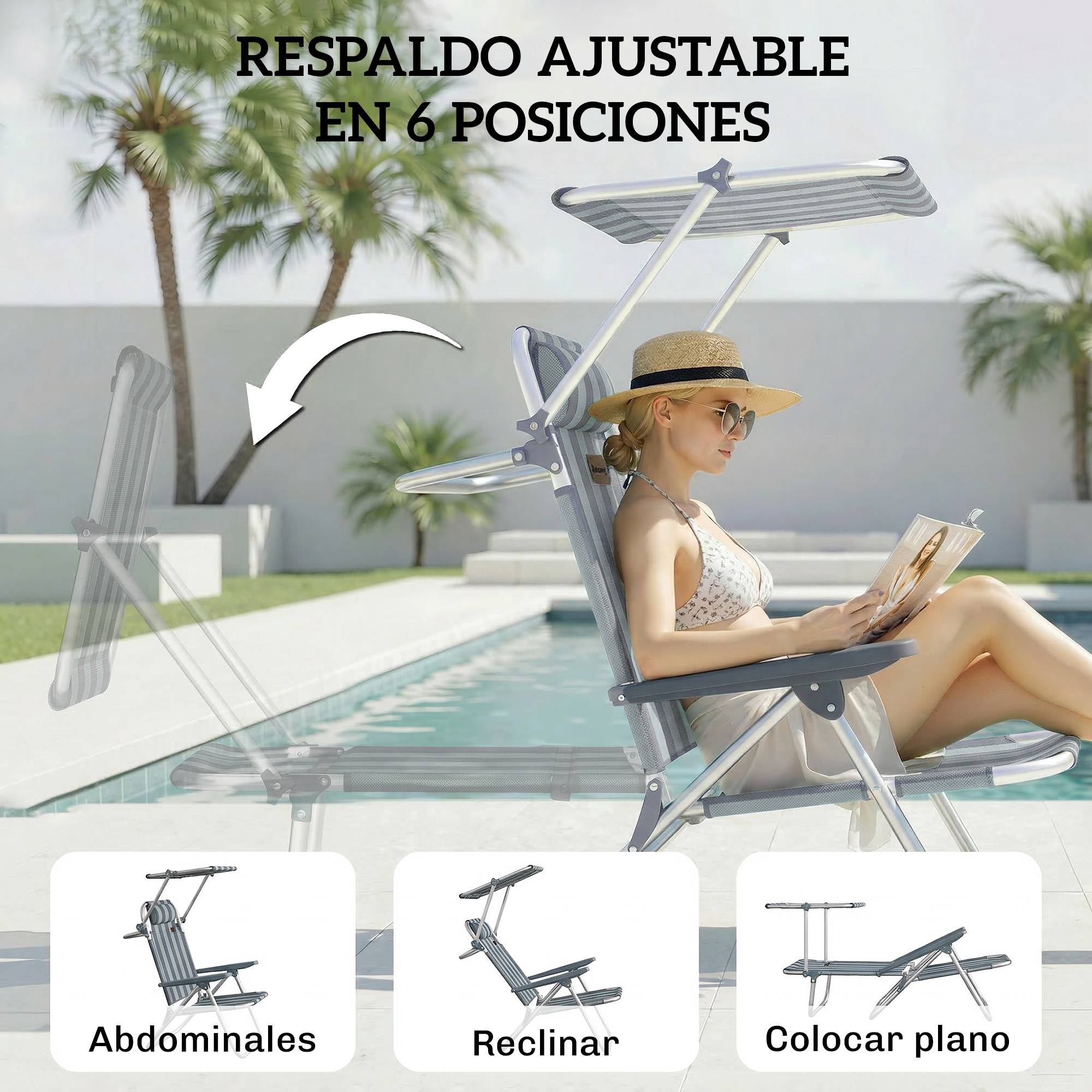 Ensemble de 2 chaises de plage pliantes avec auvent réglable, dossier inclinable 6 positions, appui-tête, bleu et blanc - Image 6