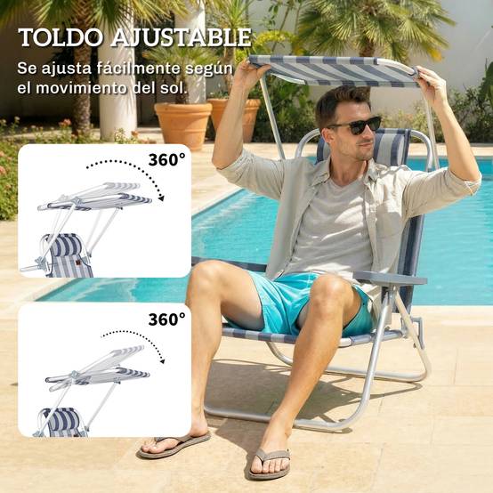 Ensemble de 2 chaises de plage pliantes avec auvent réglable, dossier inclinable 6 positions, appui-tête, bleu et blanc - Image 7