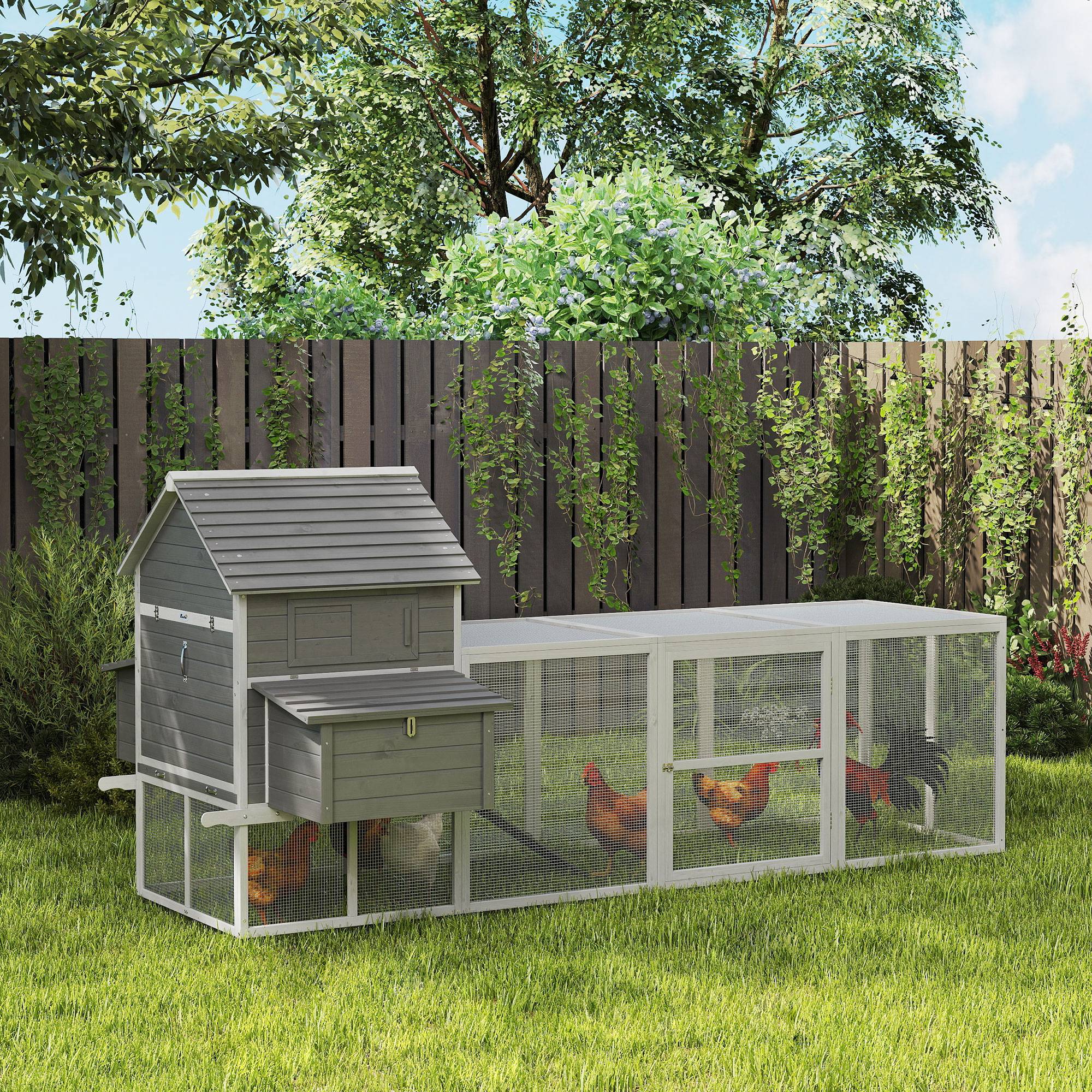 Grand Poulailler en Bois Sapin avec Vaste Enclos et Nichoir 311x150x149cm Gris - ComfortXL Outdoor Living - Image 4