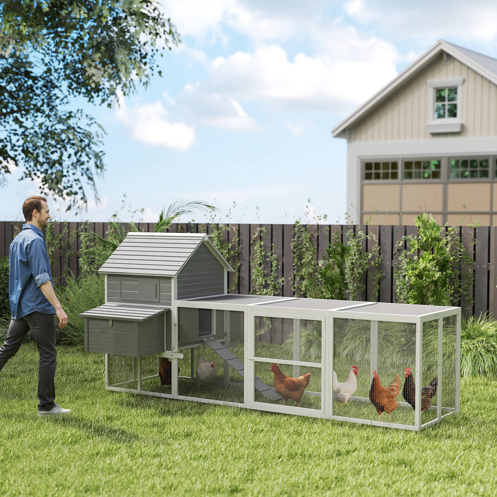 Grand Poulailler en Bois Sapin avec Vaste Enclos et Nichoir 311x150x149cm Gris - ComfortXL Outdoor Living - Image 3