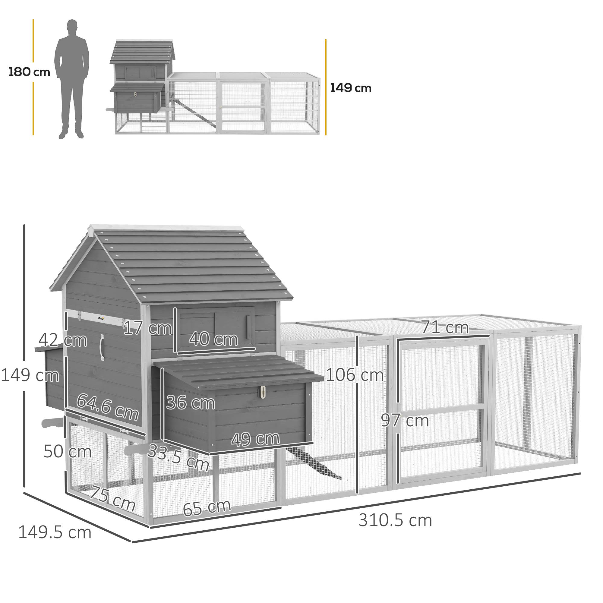 Grand Poulailler en Bois Sapin avec Vaste Enclos et Nichoir 311x150x149cm Gris - ComfortXL Outdoor Living - Image 5