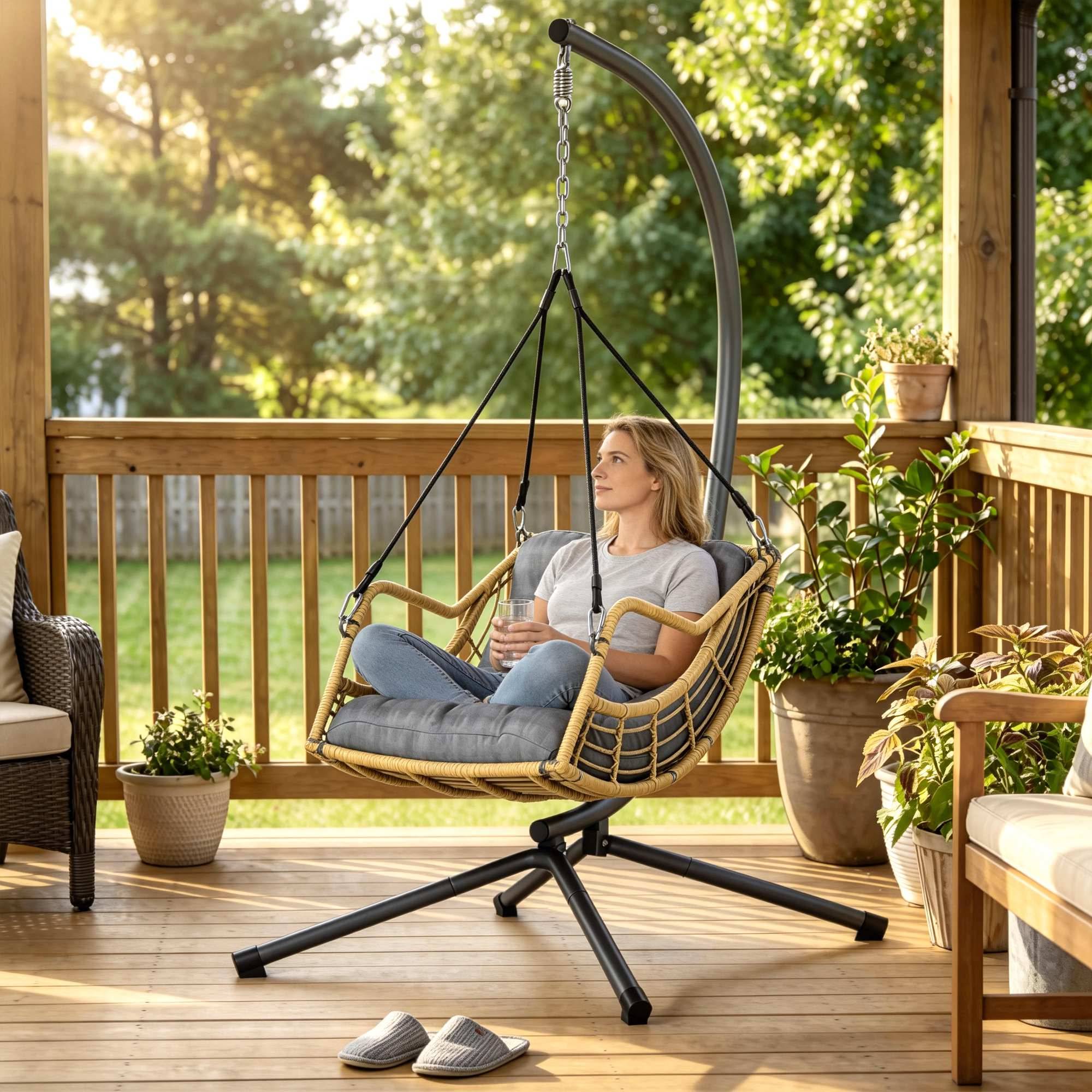 Sans Marque - Fauteuil suspendu en résine tressée avec support, chaise suspendue, coussin, attache de sécurité, hauteur réglable, gris - Image 4