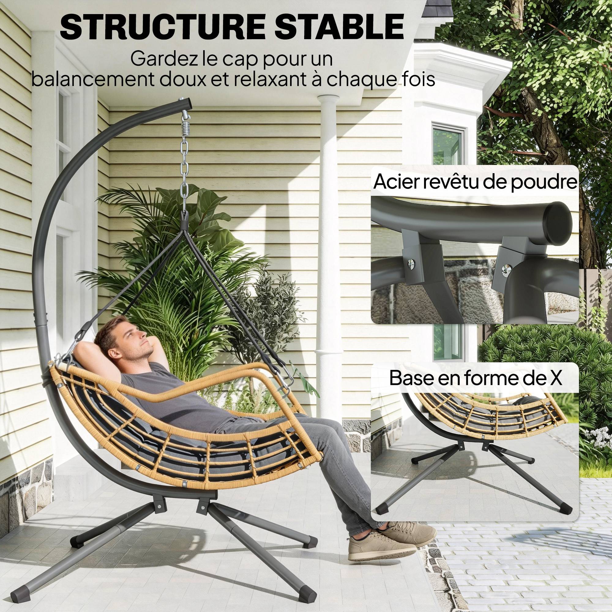 Sans Marque - Fauteuil suspendu en résine tressée avec support, chaise suspendue, coussin, attache de sécurité, hauteur réglable, gris - Image 9