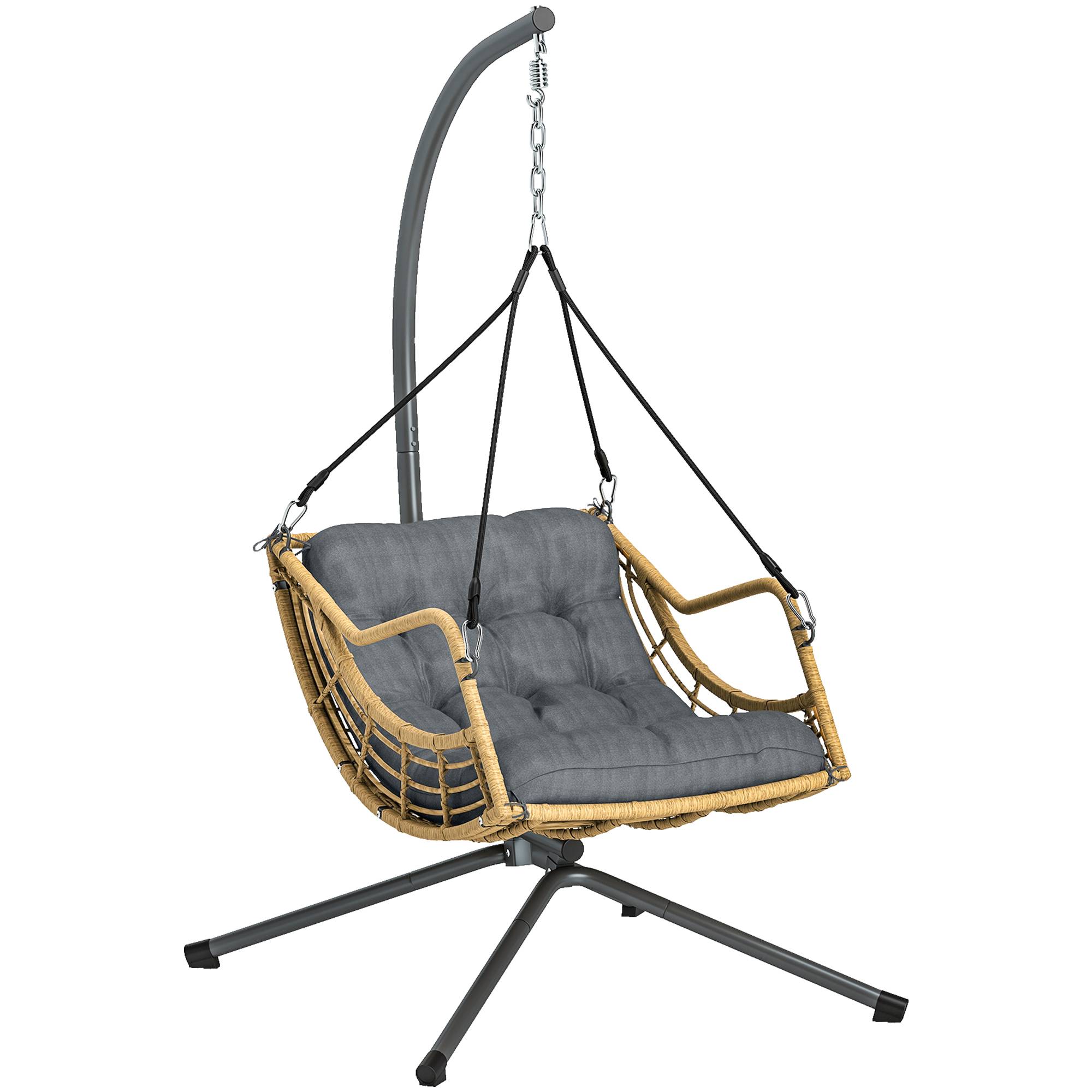Sans Marque - Fauteuil suspendu en résine tressée avec support, chaise suspendue, coussin, attache de sécurité, hauteur réglable, gris - Image 1