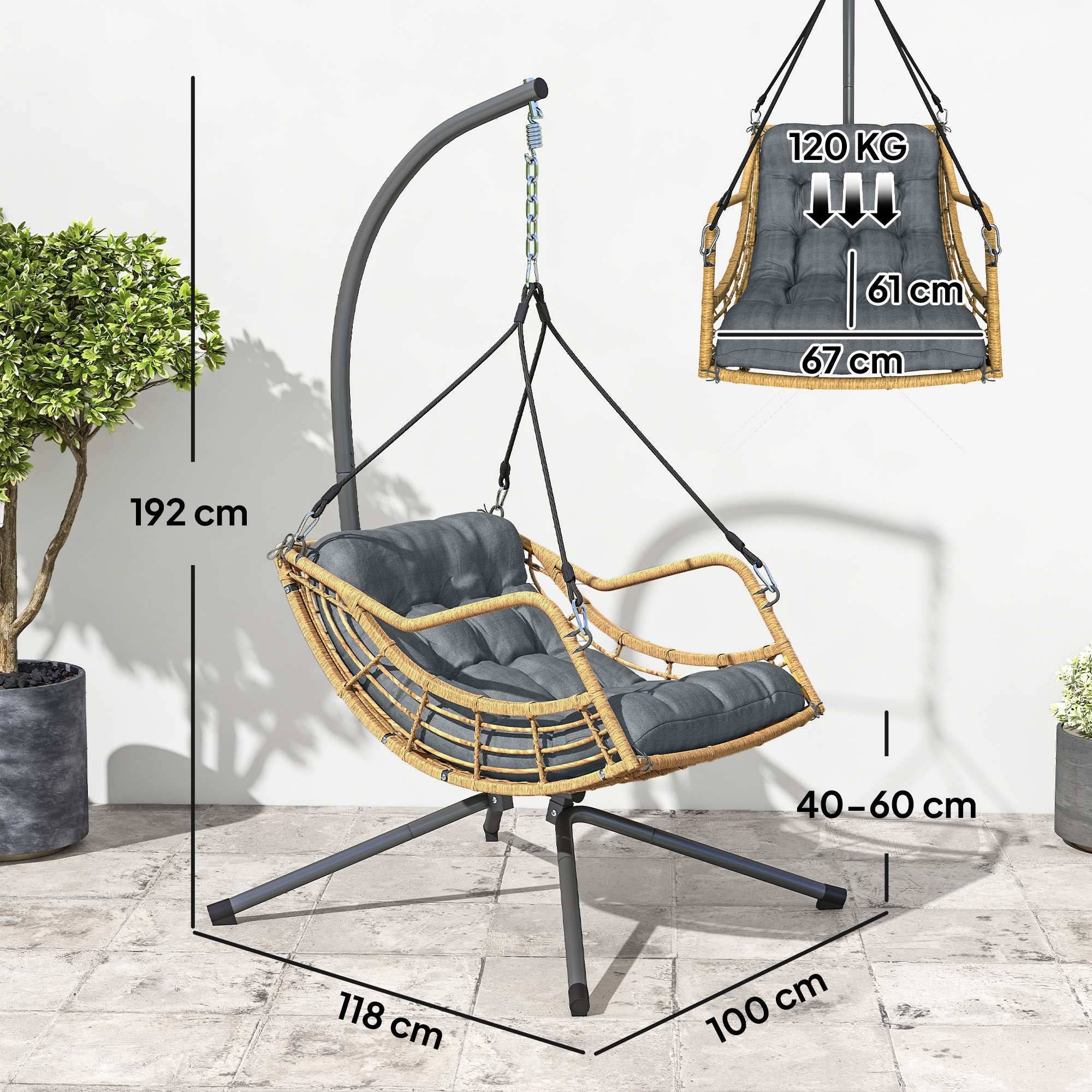 Sans Marque - Fauteuil suspendu en résine tressée avec support, chaise suspendue, coussin, attache de sécurité, hauteur réglable, gris - Image 5