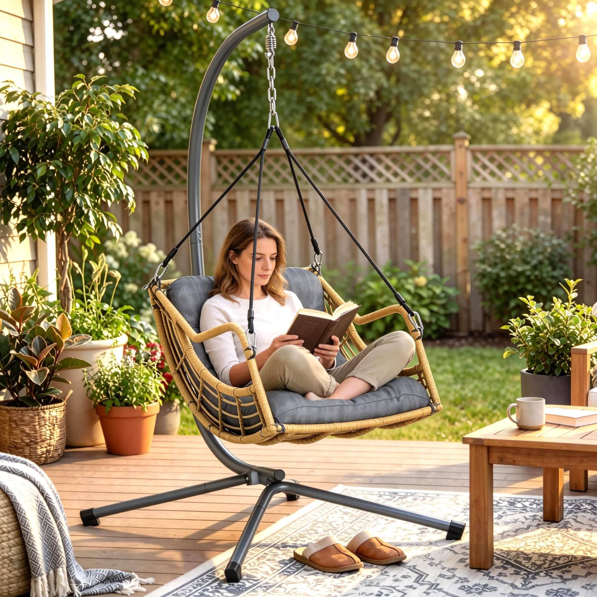 Sans Marque - Fauteuil suspendu en résine tressée avec support, chaise suspendue, coussin, attache de sécurité, hauteur réglable, gris - Image 3