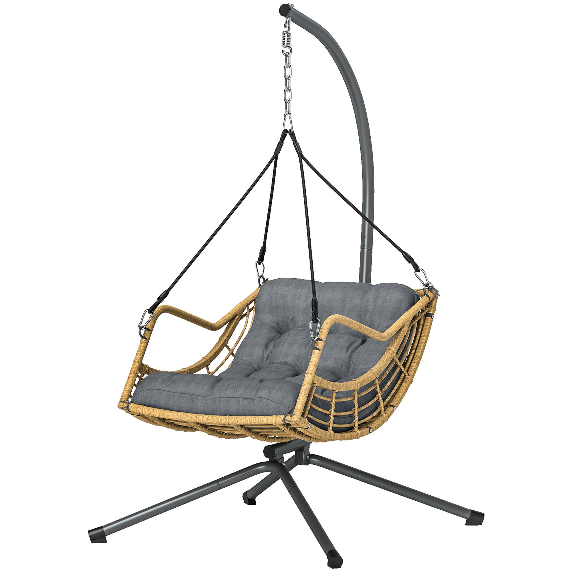 Sans Marque - Fauteuil suspendu en résine tressée avec support, chaise suspendue, coussin, attache de sécurité, hauteur réglable, gris - Image 2