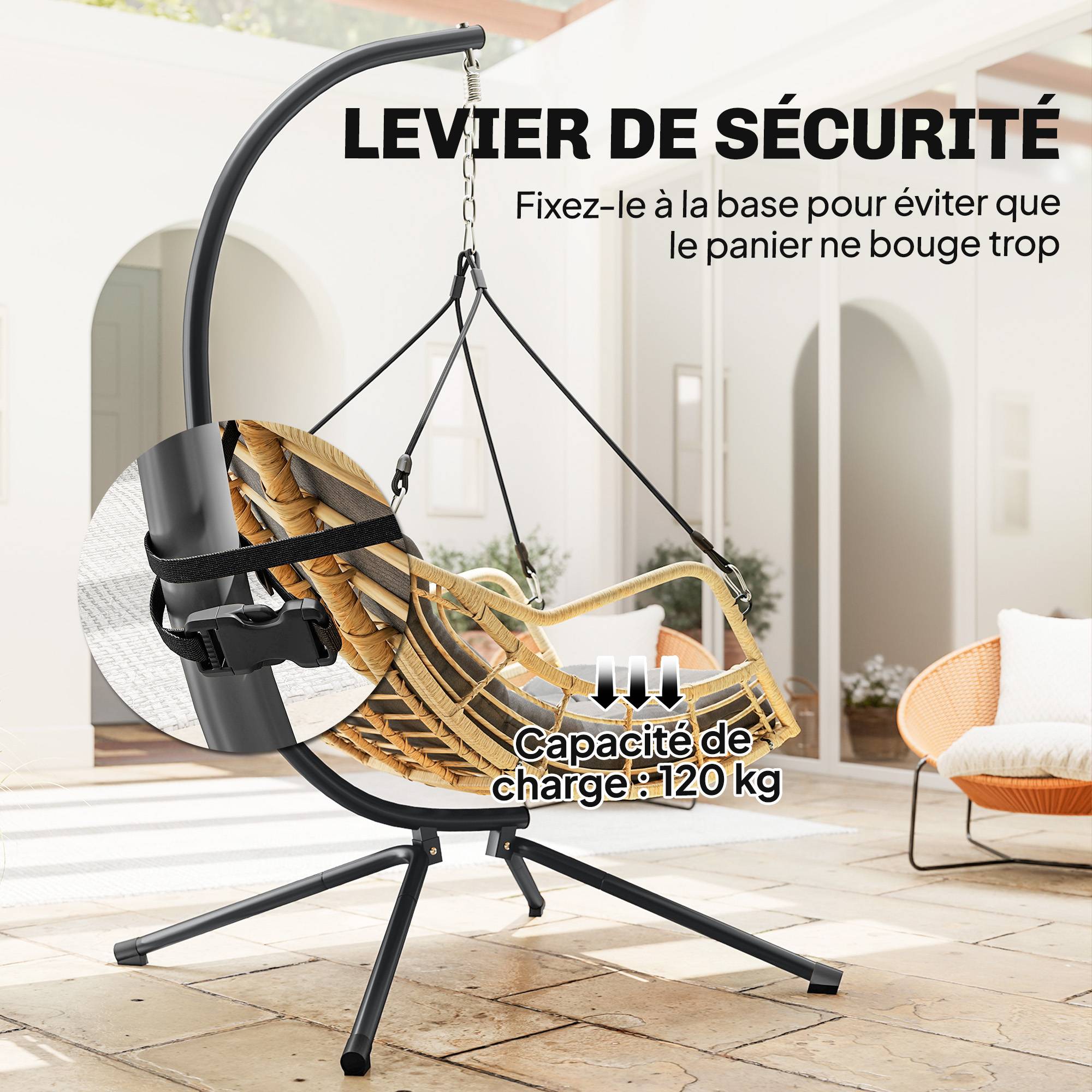 Sans Marque - Fauteuil suspendu en résine tressée avec support, chaise suspendue, coussin, attache de sécurité, hauteur réglable, gris - Image 10