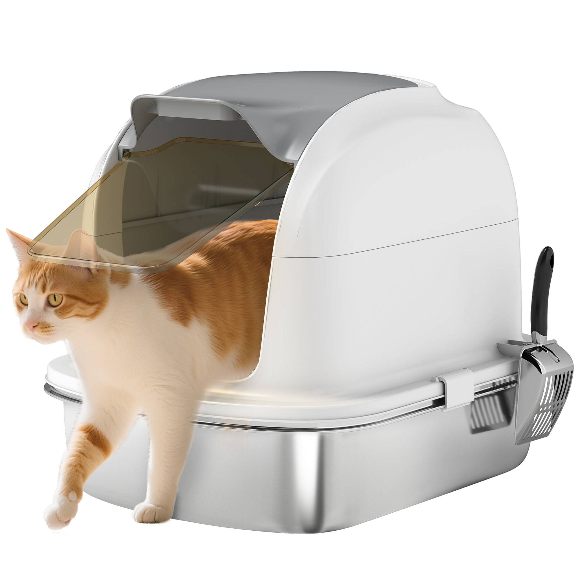 Bac à litière extra large en acier inoxydable avec couvercle à charnière, bords hauts, entrée par le haut et pelle intégrée - Blanc - Image 1