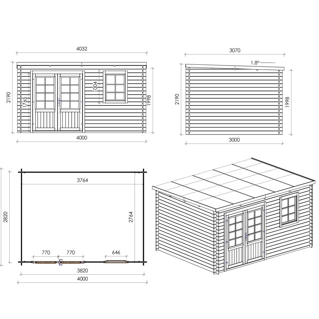 Altanka - Abri de jardin en bois - 12m2 - 4x3m - Traité - Ep. 28mm - Couleur: vert - DOM381 - ALTANKA - Image 4