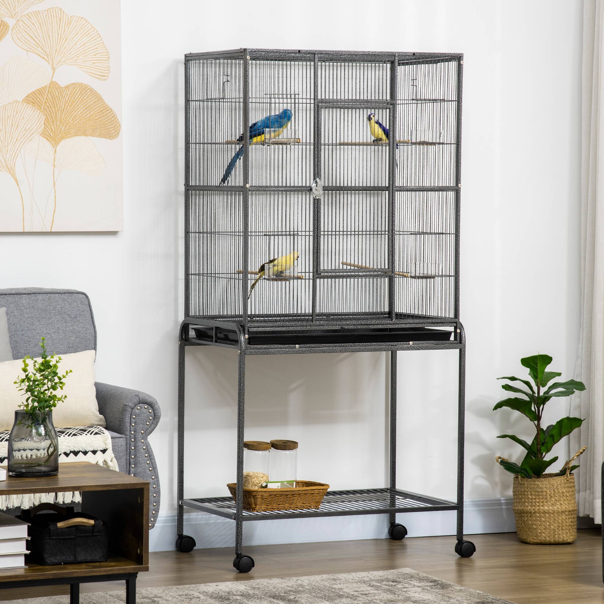 Cage à Oiseaux Portable avec 4 Mangeoires et 4 Perchoirs Pratique 77 x 47 x 163 cm Noir et Gris - Image 3