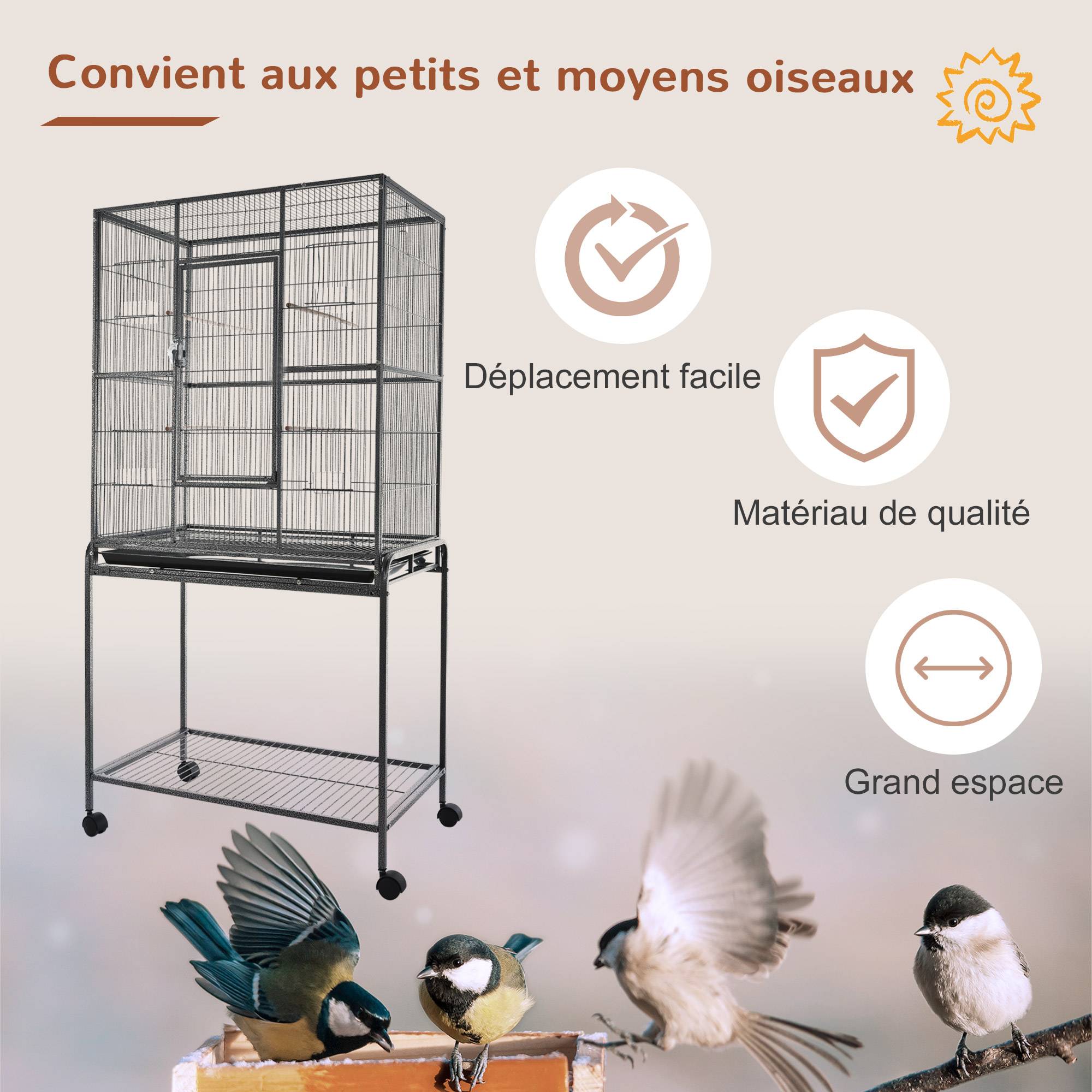 Cage à Oiseaux Portable avec 4 Mangeoires et 4 Perchoirs Pratique 77 x 47 x 163 cm Noir et Gris - Image 9