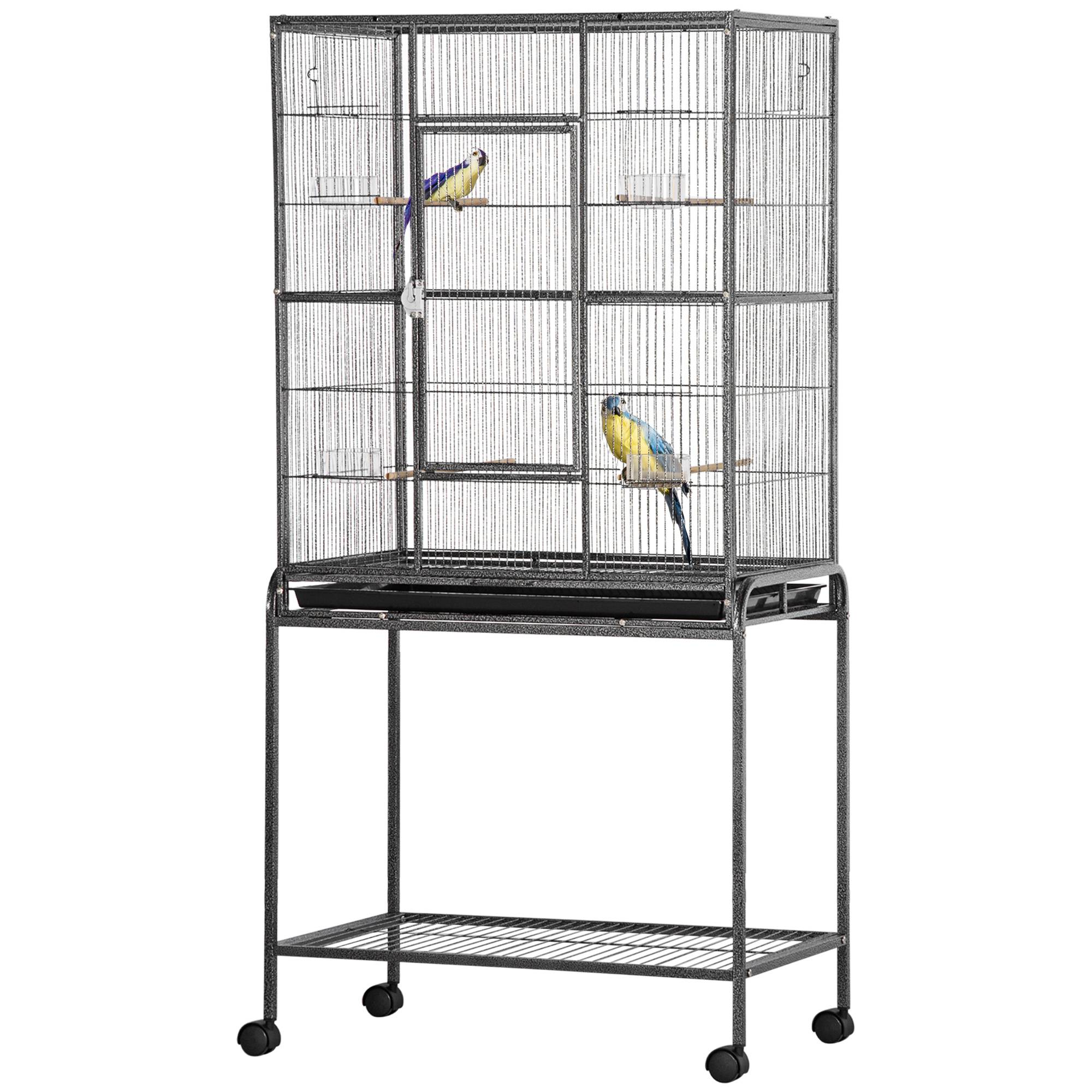 Cage à Oiseaux Portable avec 4 Mangeoires et 4 Perchoirs Pratique 77 x 47 x 163 cm Noir et Gris - Image 2