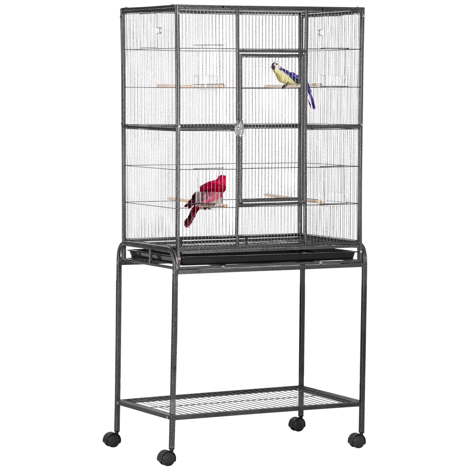 Cage à Oiseaux Portable avec 4 Mangeoires et 4 Perchoirs Pratique 77 x 47 x 163 cm Noir et Gris - Image 1