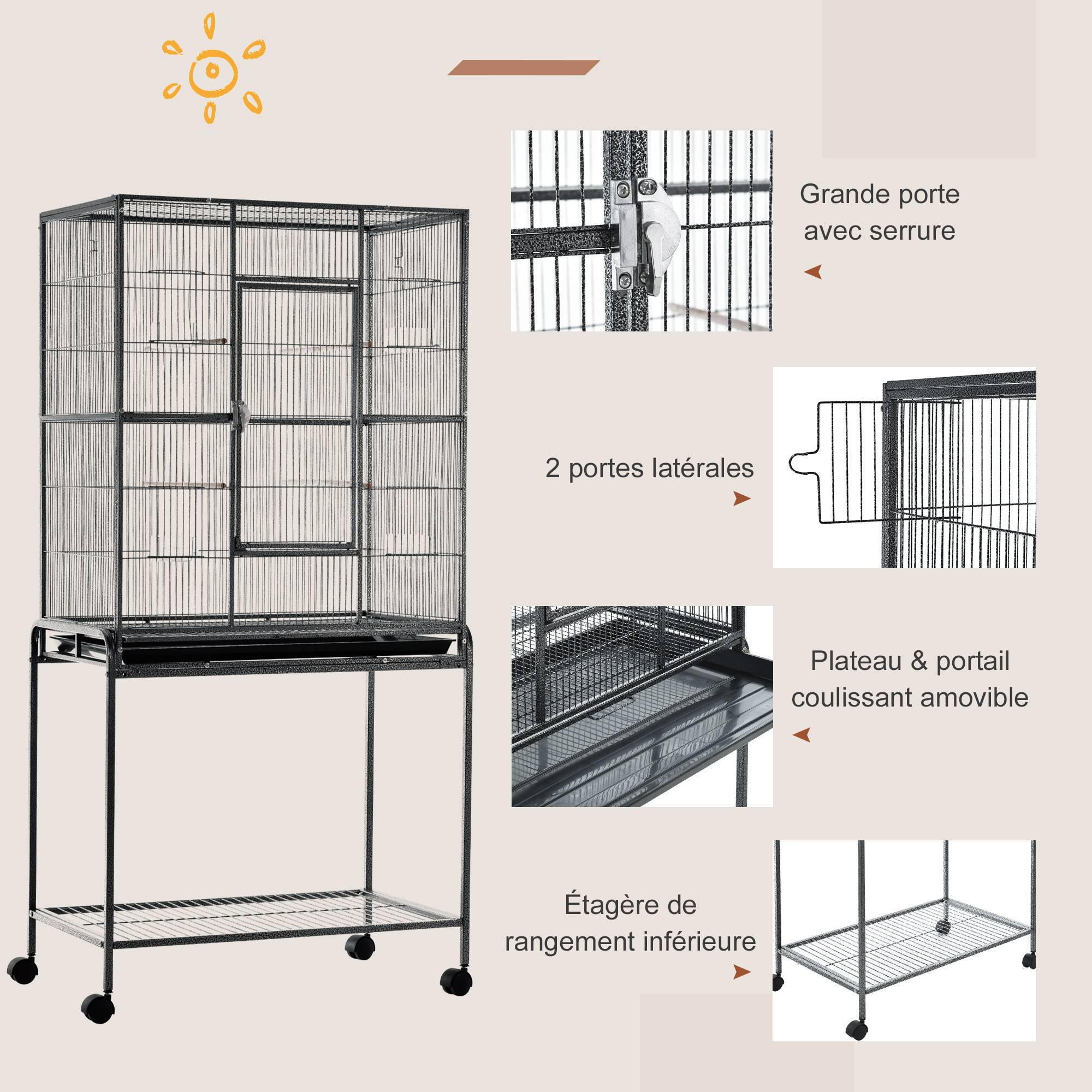 Cage à Oiseaux Portable avec 4 Mangeoires et 4 Perchoirs Pratique 77 x 47 x 163 cm Noir et Gris - Image 7