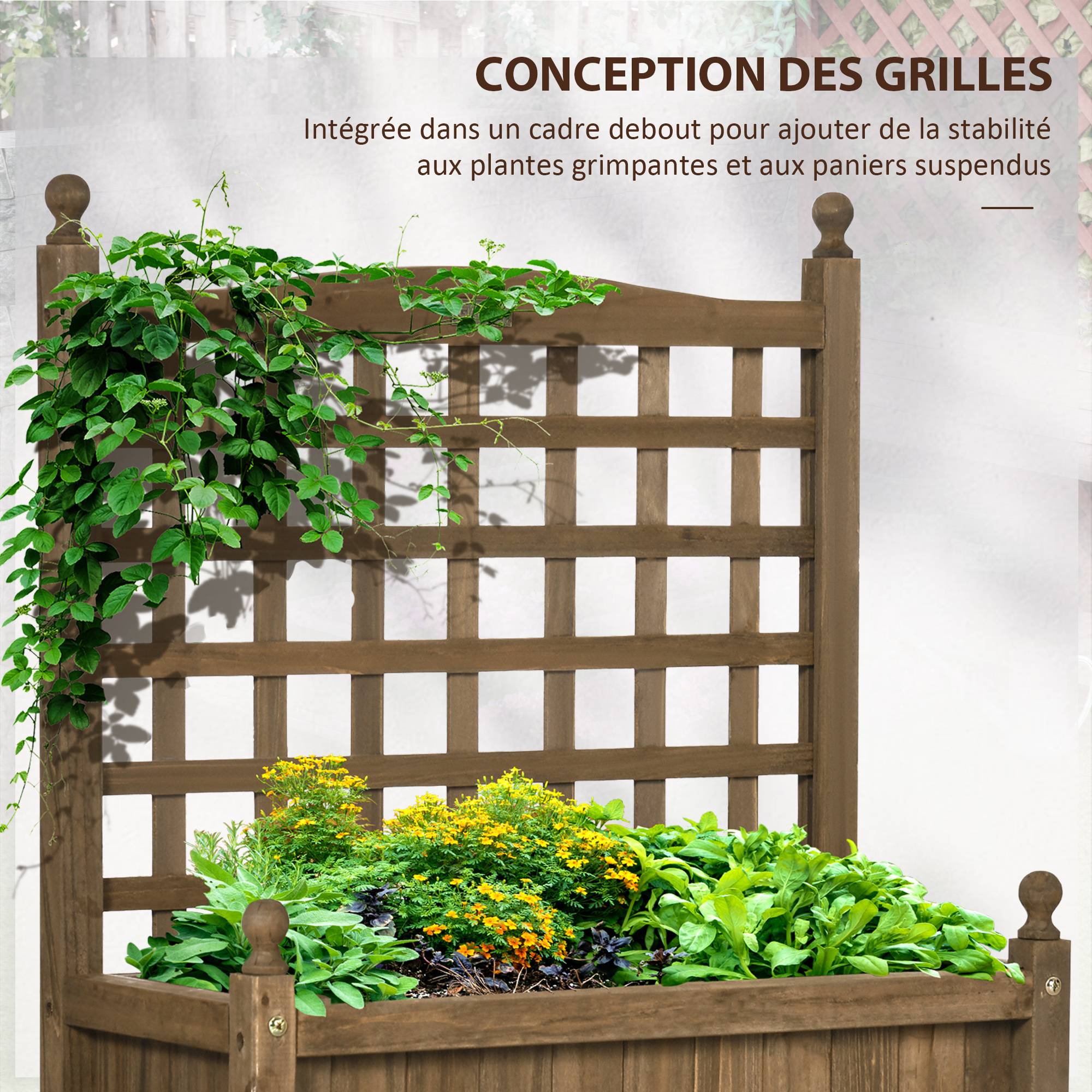 Jardinière avec treillis bac à fleurs jardinière sur pied 64 x 28 x 75 cm inserts d'irrigation bois massif - Image 6