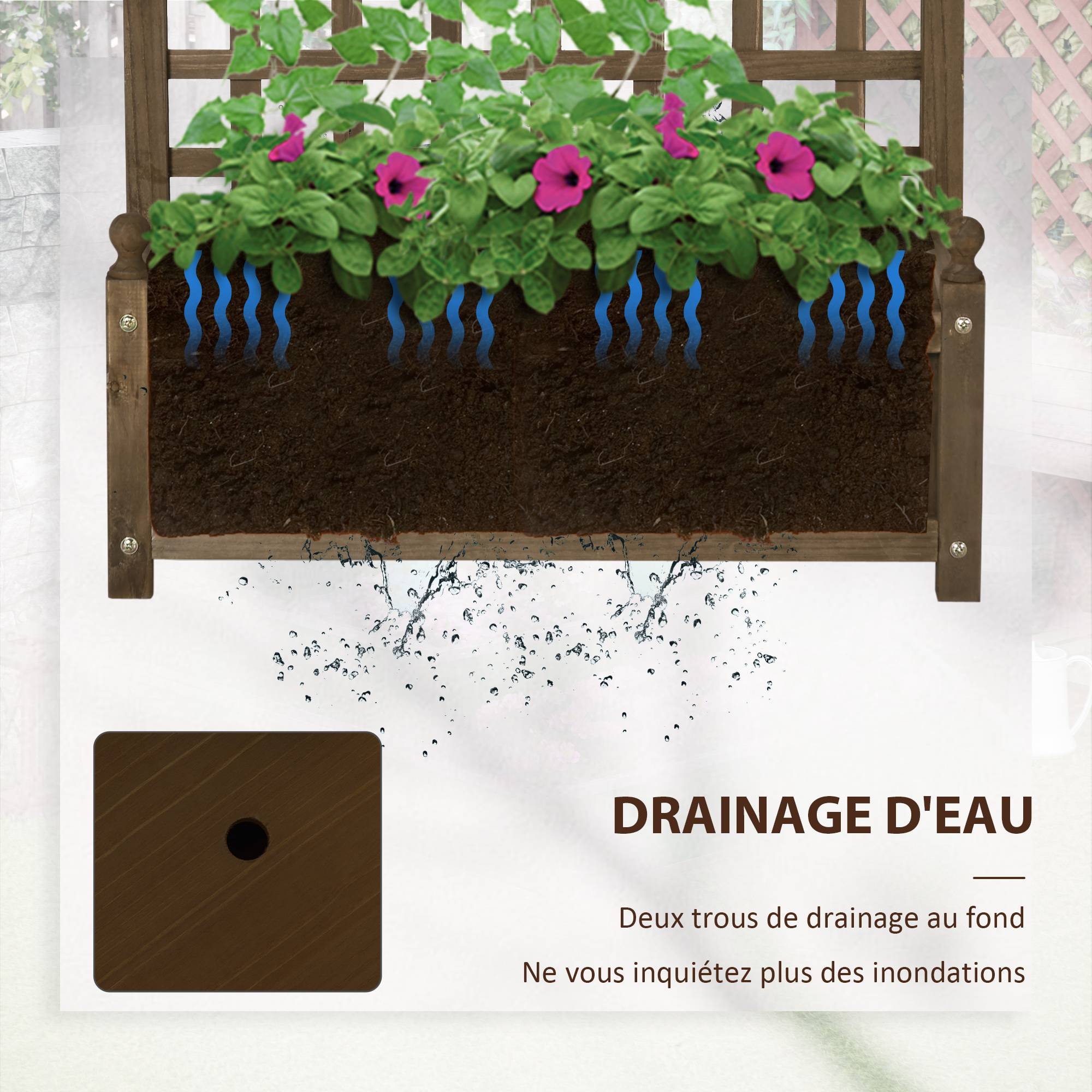 Jardinière avec treillis bac à fleurs jardinière sur pied 64 x 28 x 75 cm inserts d'irrigation bois massif - Image 7