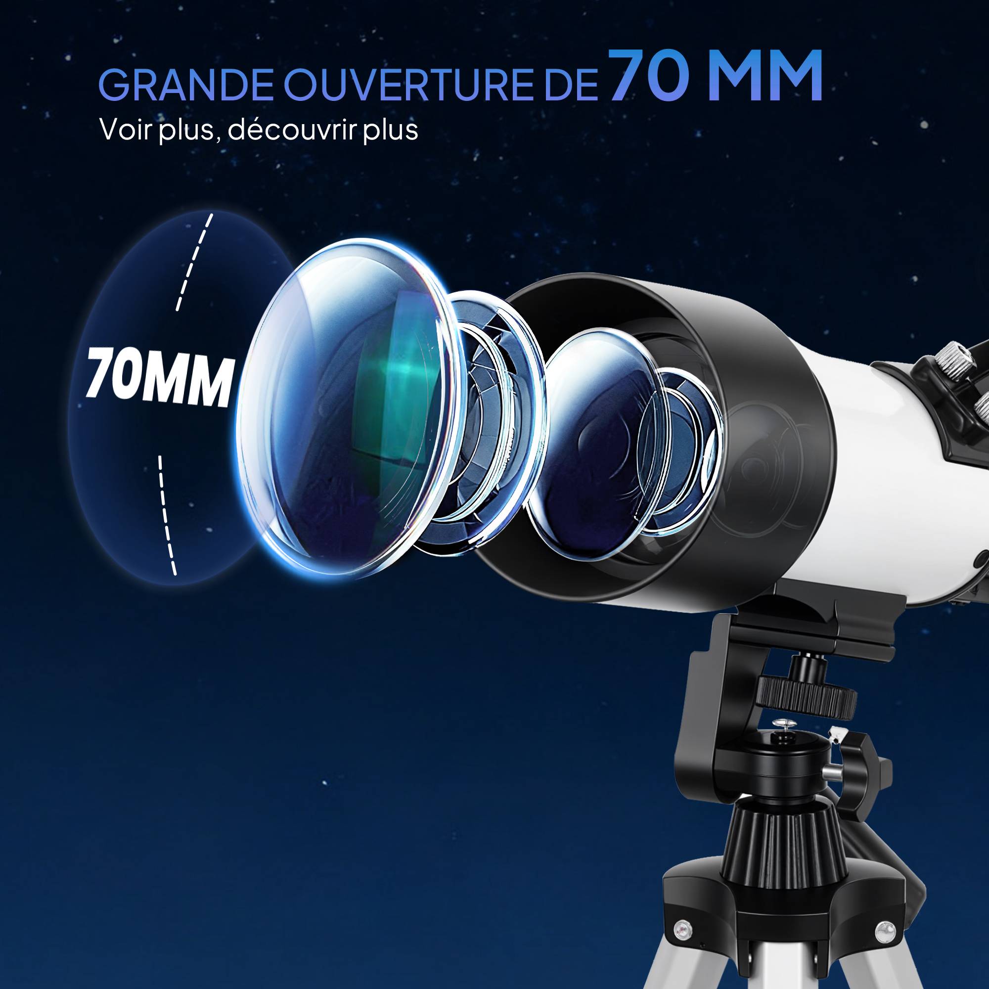 Télescope astronomique adultes et débutants 70 mm, télescope réfracteur 40X/16X trépied réglable, 80 x 80 x 135 cm blanc - Image 6