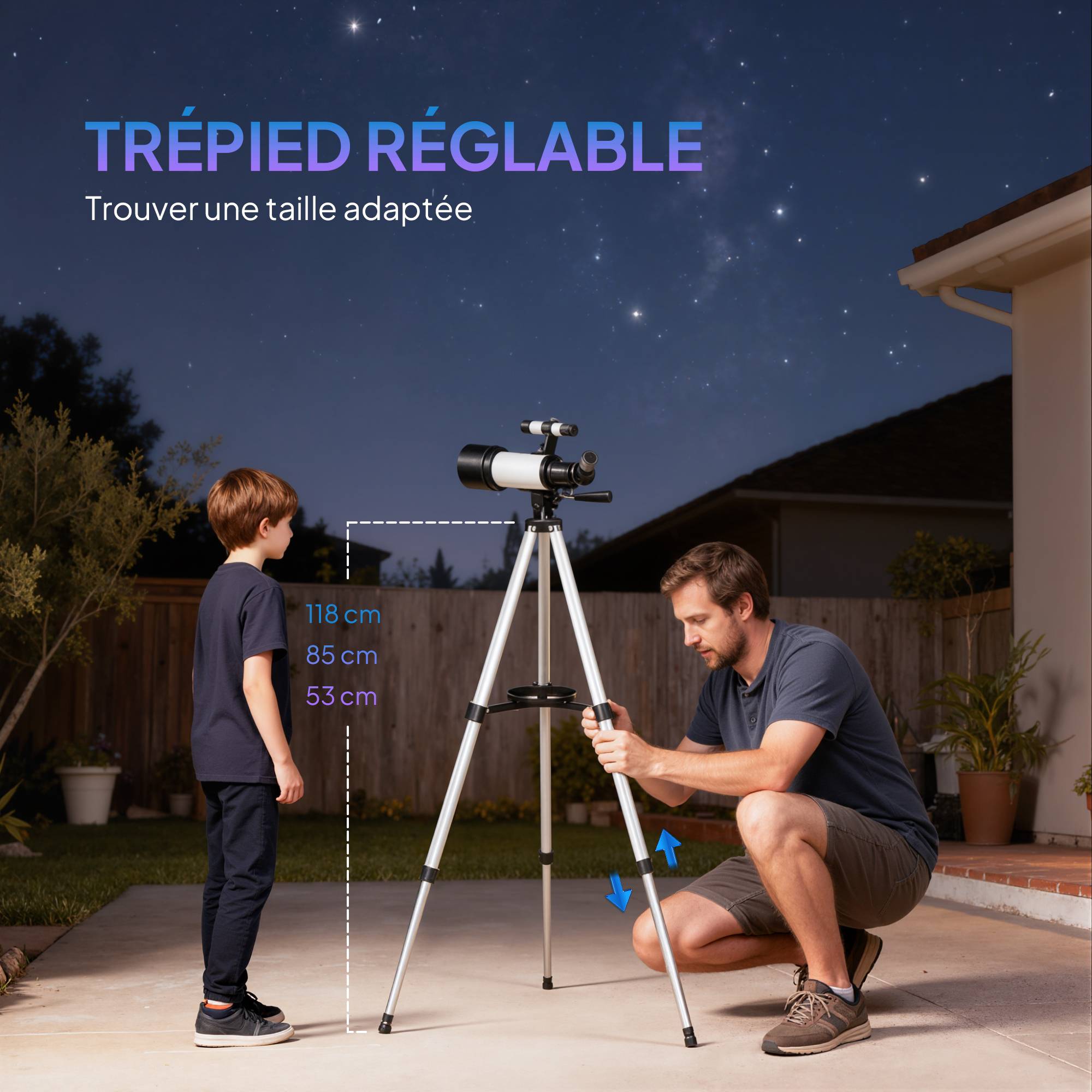 Télescope astronomique adultes et débutants 70 mm, télescope réfracteur 40X/16X trépied réglable, 80 x 80 x 135 cm blanc - Image 8
