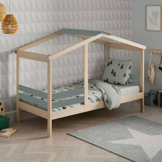 ALTOBUY - Lit cabane 90x190 avec barrière en pin massif naturel et MDF laqué vert kaki - MESSA - Image 2