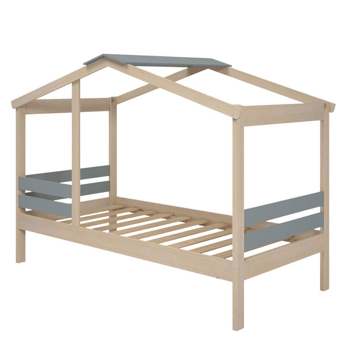 ALTOBUY - Lit cabane 90x190 avec barrière en pin massif naturel et MDF laqué vert kaki - MESSA - Image 4