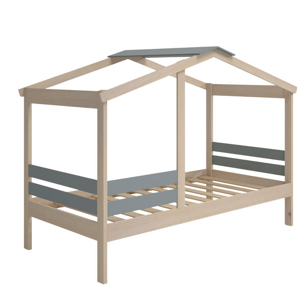 ALTOBUY - Lit cabane 90x190 avec barrière en pin massif naturel et MDF laqué vert kaki - MESSA - Image 1