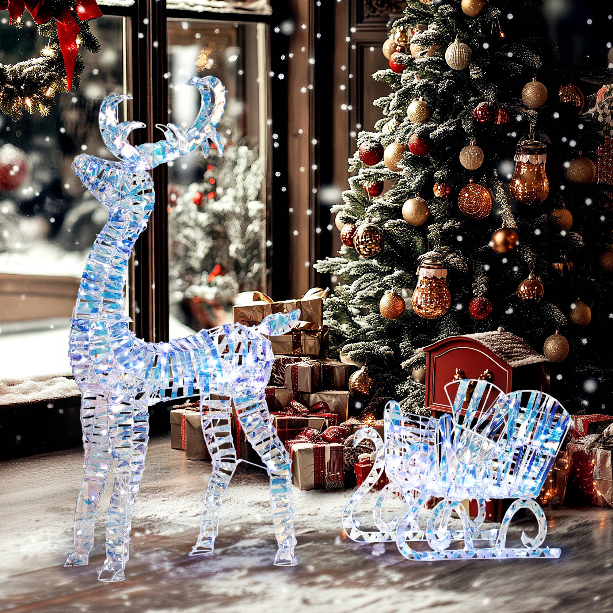 ComfortXL - Renne et traîneau de Noël lumineux en métal et plastique argenté 170 LED blanc chaud pour jardin et intérieur - Image 1