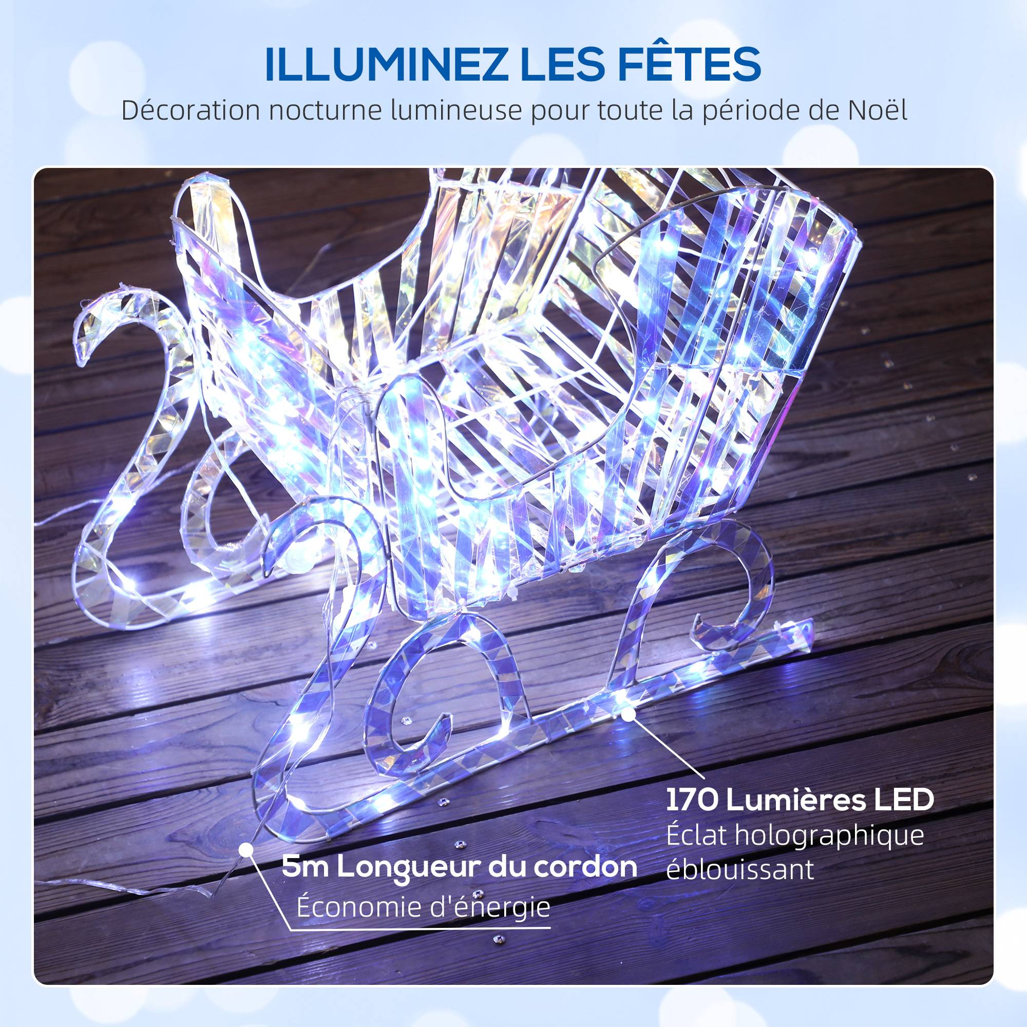 ComfortXL - Renne et traîneau de Noël lumineux en métal et plastique argenté 170 LED blanc chaud pour jardin et intérieur - Image 5