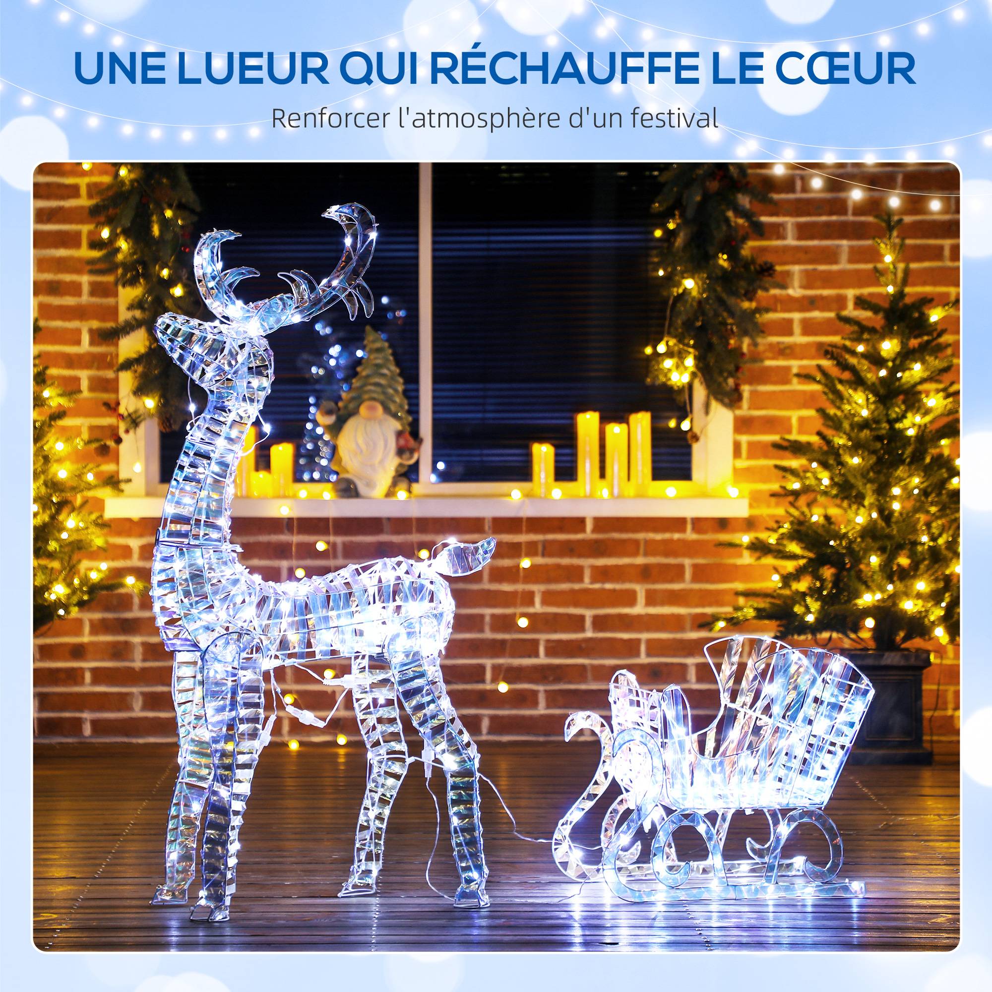ComfortXL - Renne et traîneau de Noël lumineux en métal et plastique argenté 170 LED blanc chaud pour jardin et intérieur - Image 4