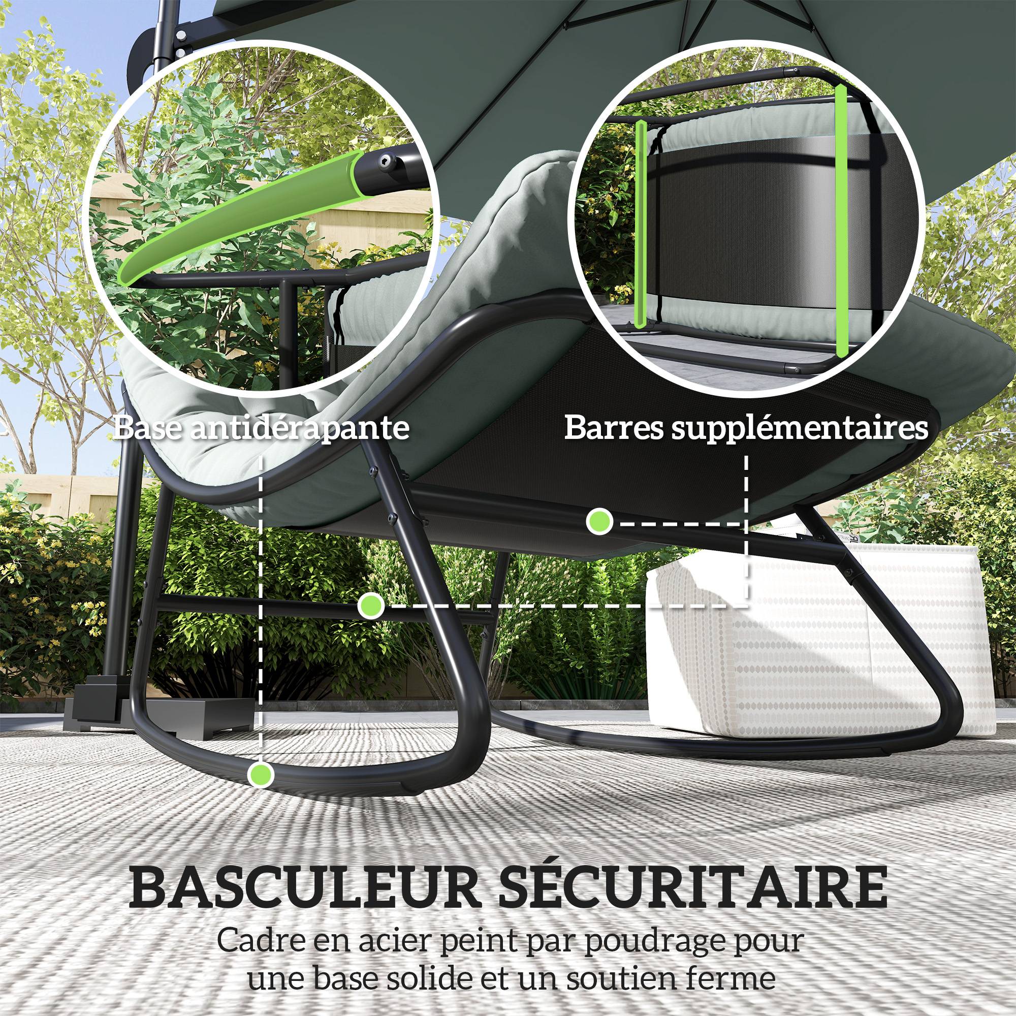 Lot de 2 fauteuils à bascule extérieur avec coussins épais, siège tissu textilène respirant et cadre en acier, gris - Image 9