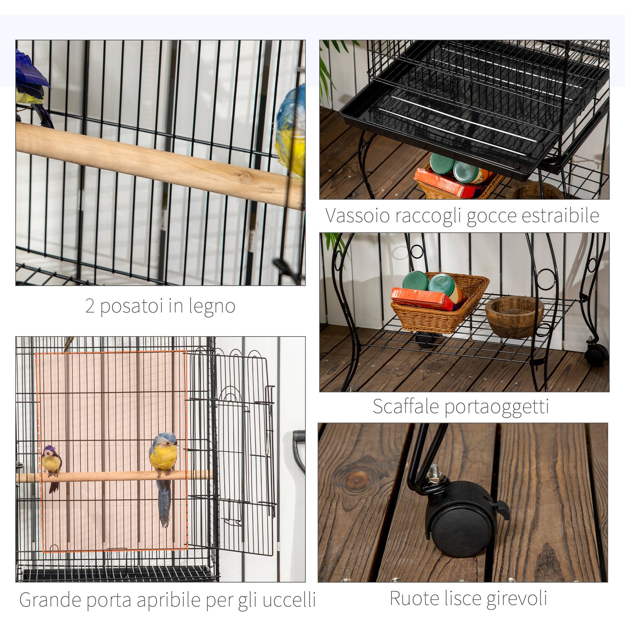 Cage pour oiseaux et canaris, volière métal noire sur roulettes 51x51x153cm - Image 7