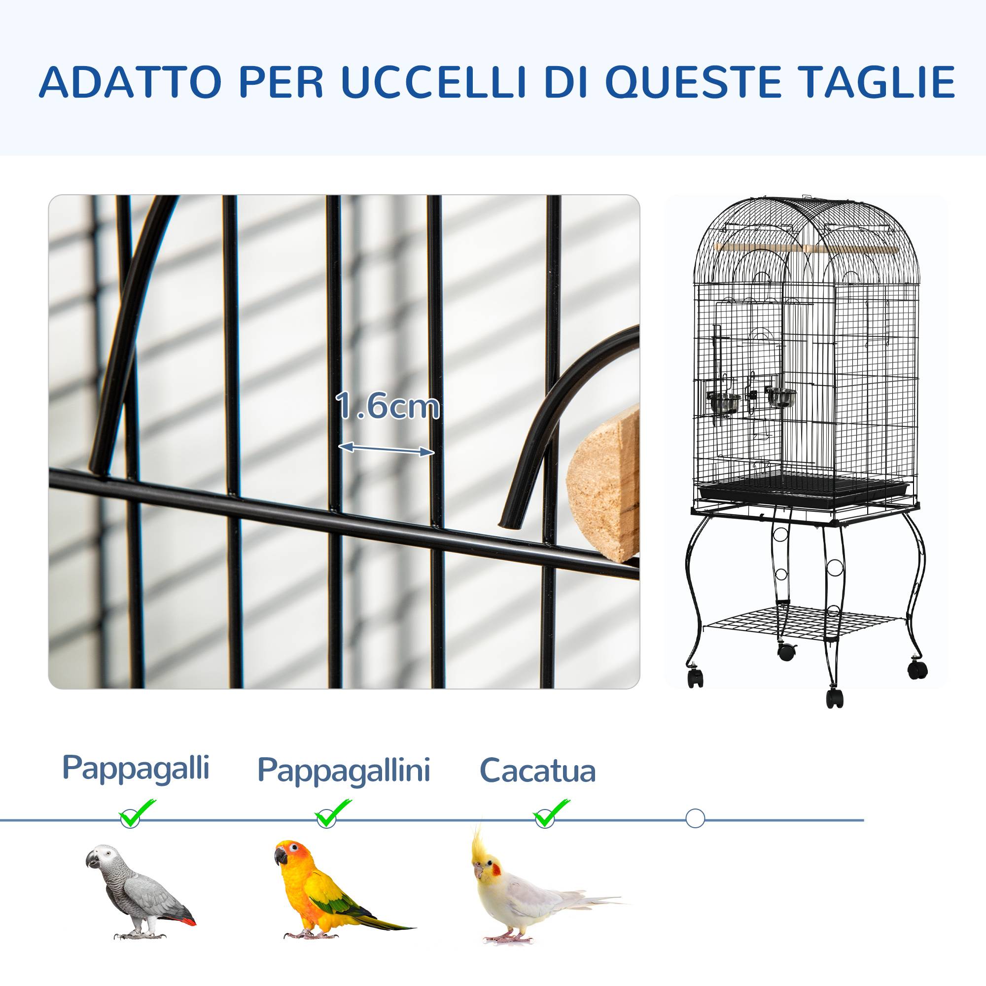 Cage pour oiseaux et canaris, volière métal noire sur roulettes 51x51x153cm - Image 8