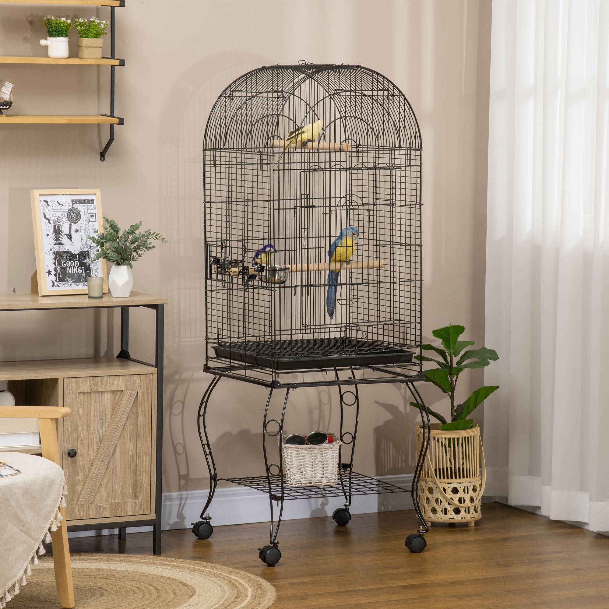 Cage pour oiseaux et canaris, volière métal noire sur roulettes 51x51x153cm - Image 3