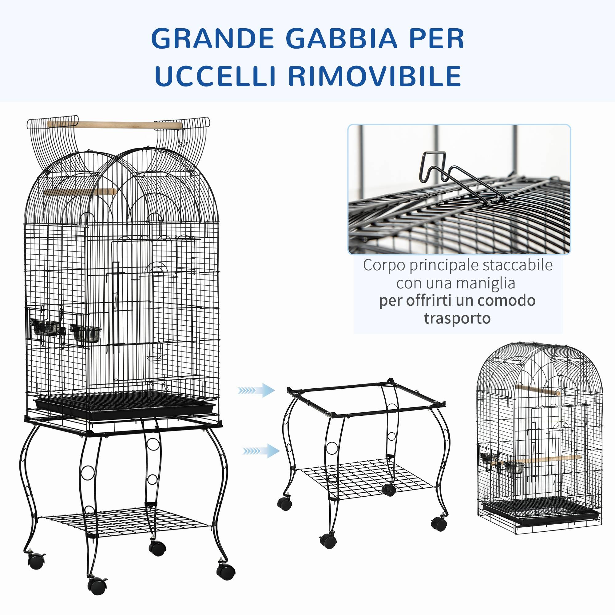 Cage pour oiseaux et canaris, volière métal noire sur roulettes 51x51x153cm - Image 6