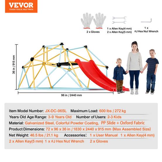 Vevor - VEVOR Dôme d'escalade géométrique enfants 3-9 ans, 244cm avec toboggan, charge 272kg, pour aire de jeu intérieur - Image 7