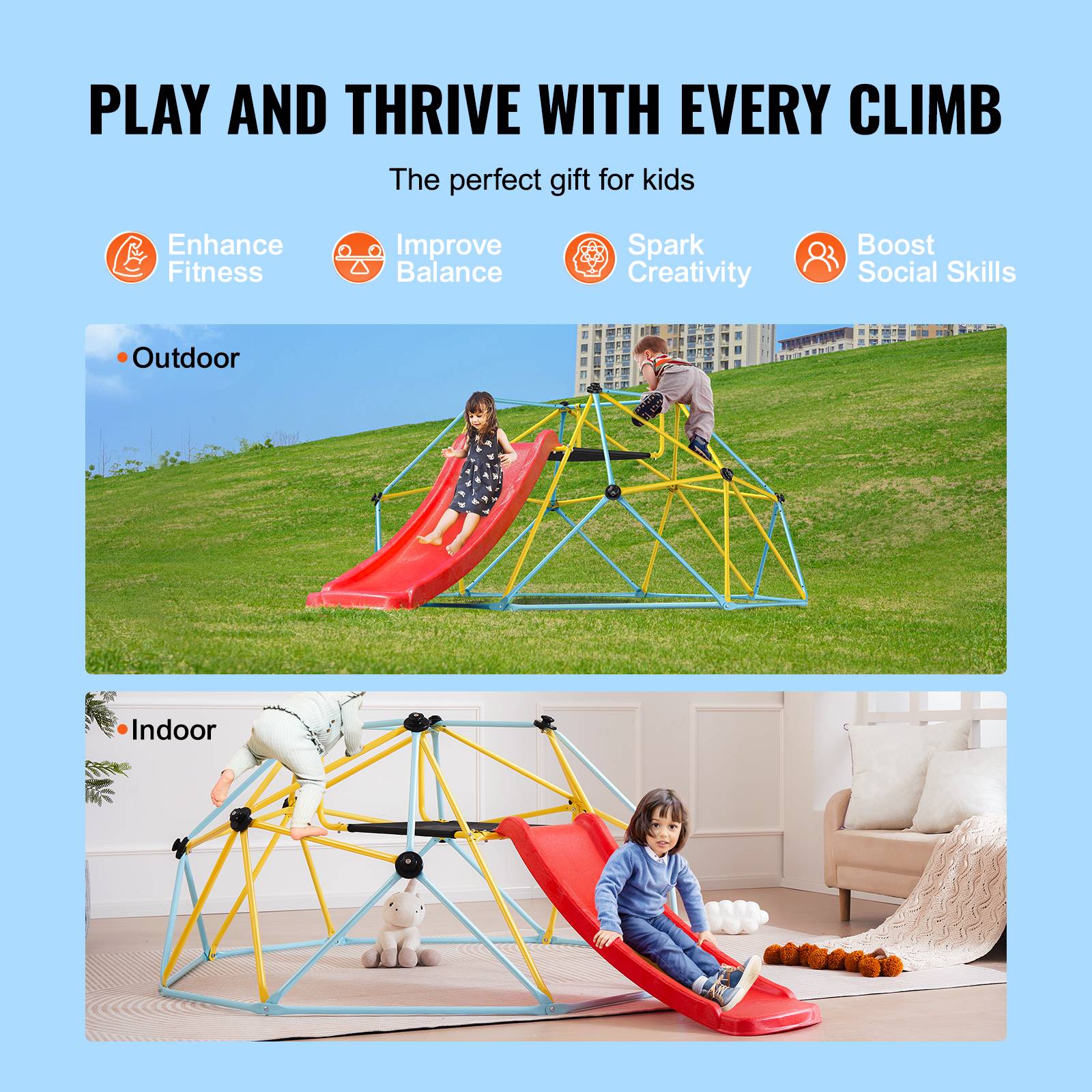 Vevor - VEVOR Dôme d'escalade géométrique enfants 3-9 ans, 244cm avec toboggan, charge 272kg, pour aire de jeu intérieur - Image 3