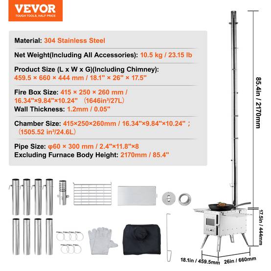 VEVOR Poêle à bois portable pour tente camping extérieur tuyau acier inoxydable - Image 7