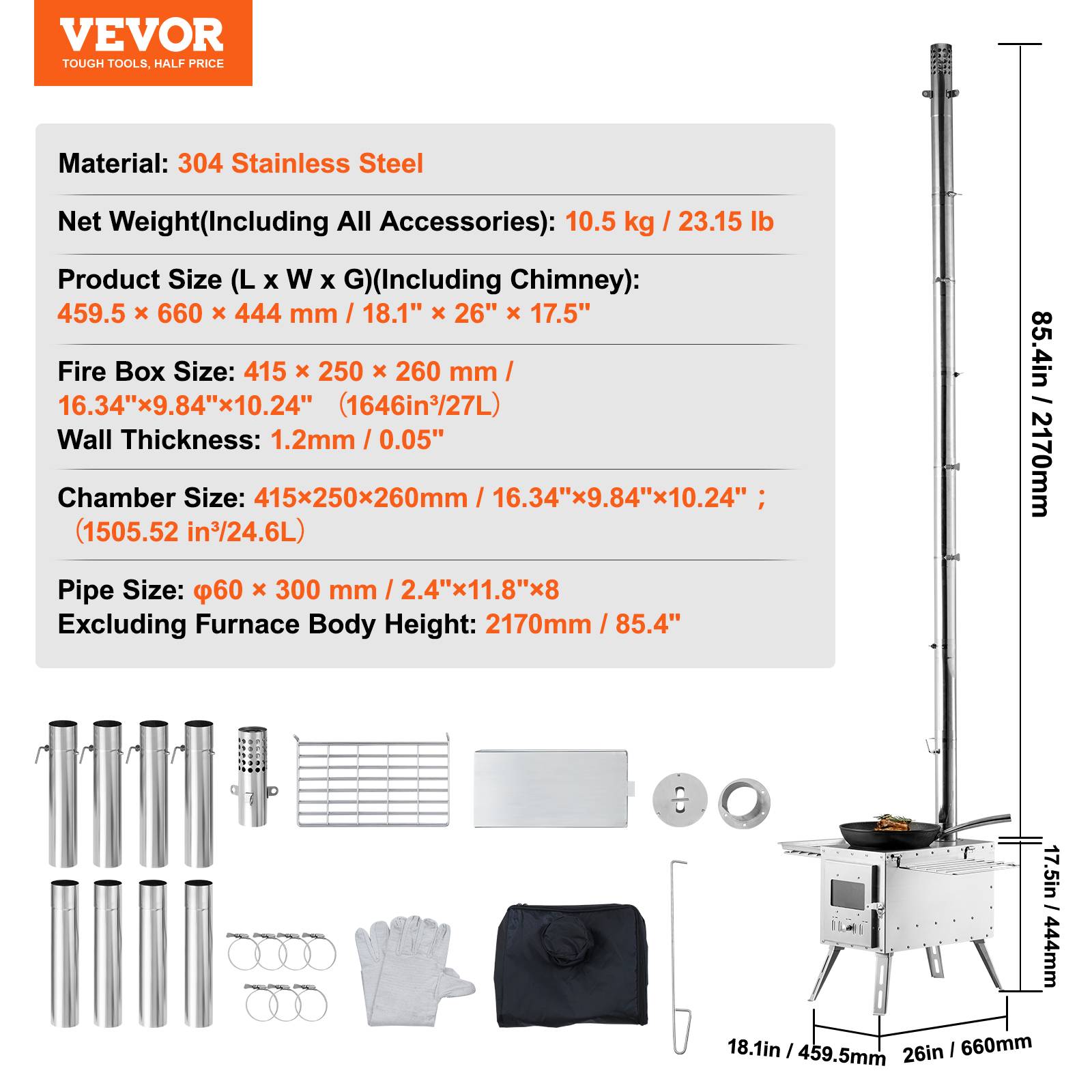 VEVOR Poêle à bois portable pour tente camping extérieur tuyau acier inoxydable - Image 7