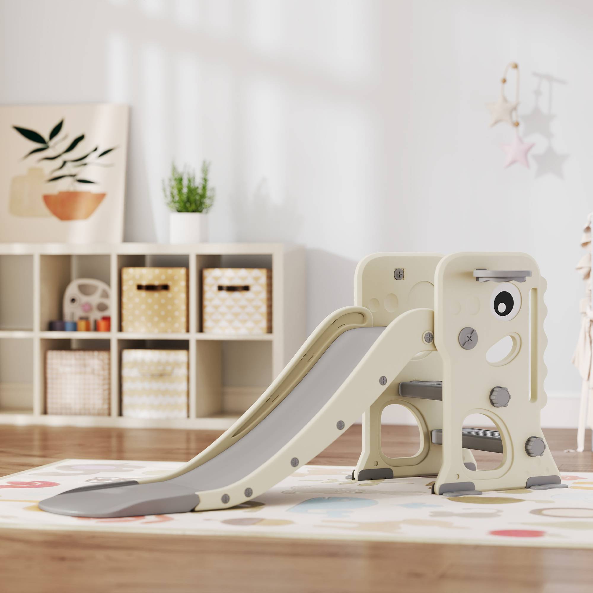 Toboggan 3 en 1 pour enfants avec structure d'escalade, panier de basket et ballon, toboggan pliable d'intérieur pour enfants de 2 à 5 ans - Image 4