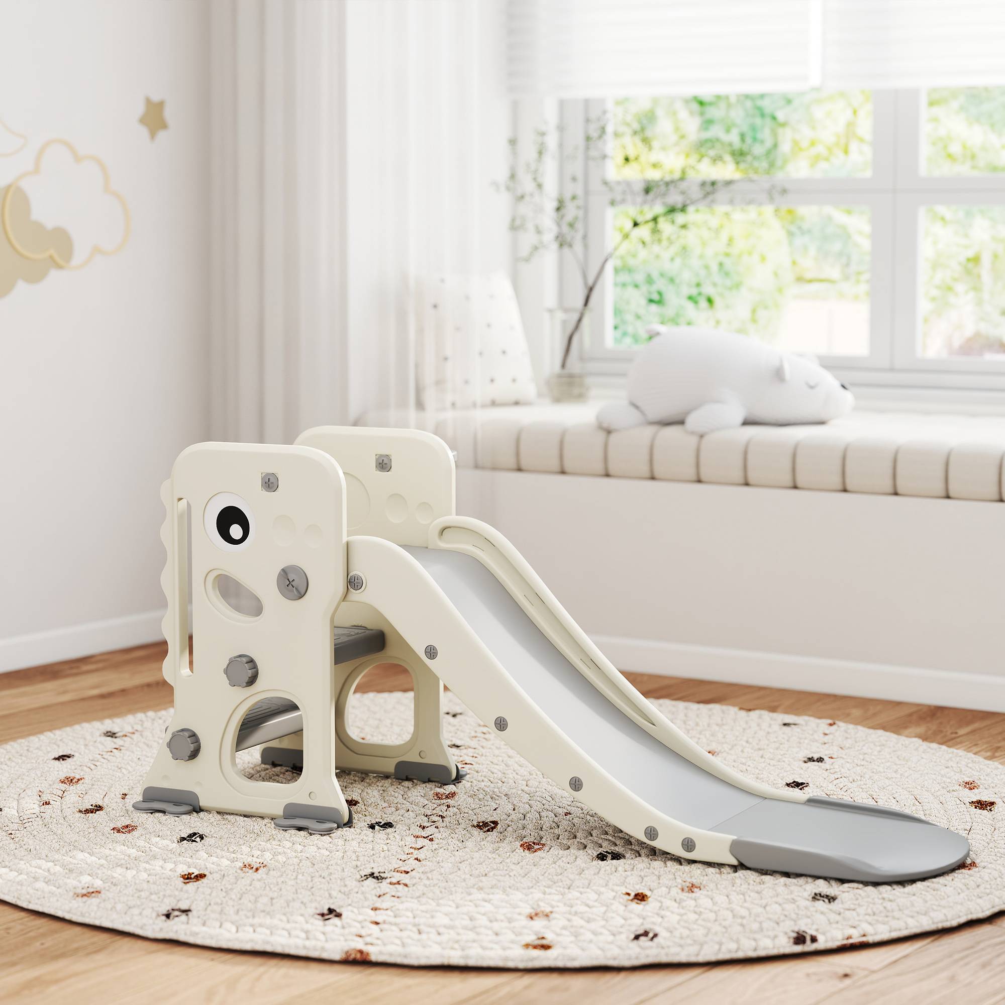 Toboggan 3 en 1 pour enfants avec structure d'escalade, panier de basket et ballon, toboggan pliable d'intérieur pour enfants de 2 à 5 ans - Image 3