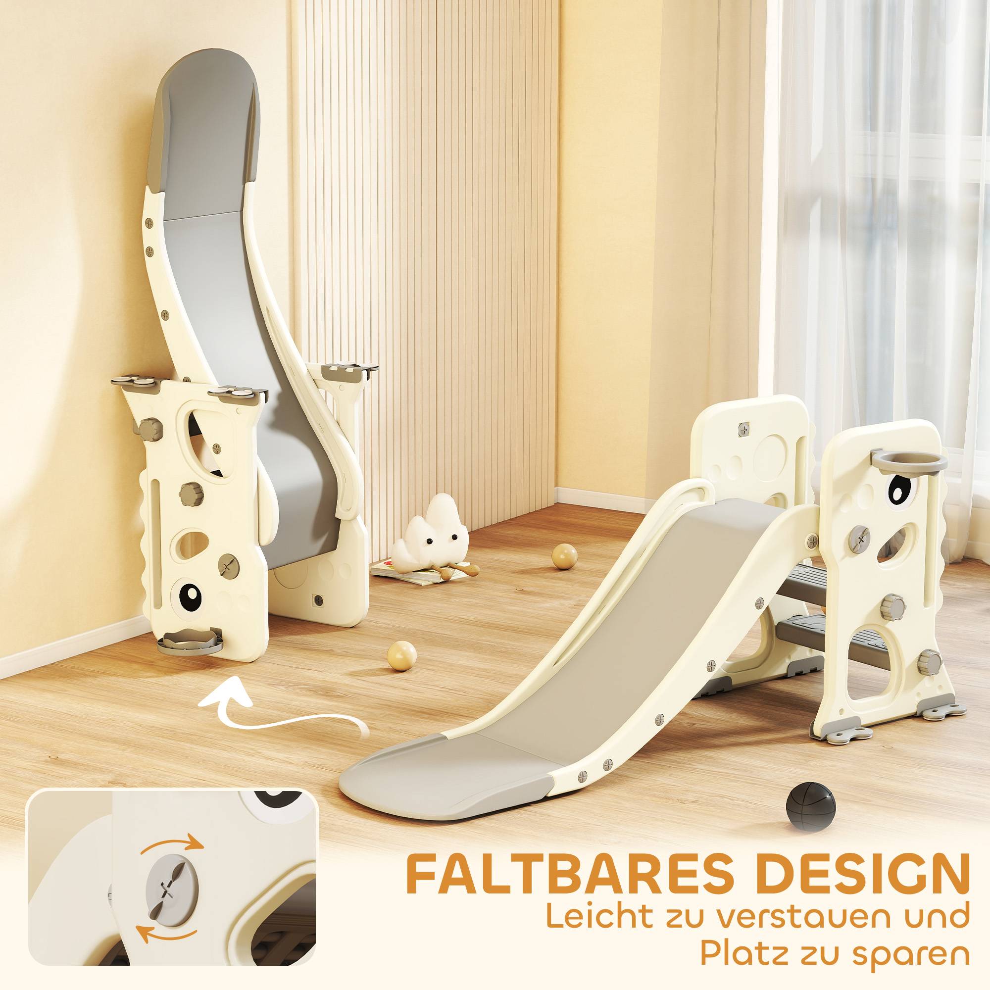 Toboggan 3 en 1 pour enfants avec structure d'escalade, panier de basket et ballon, toboggan pliable d'intérieur pour enfants de 2 à 5 ans - Image 6