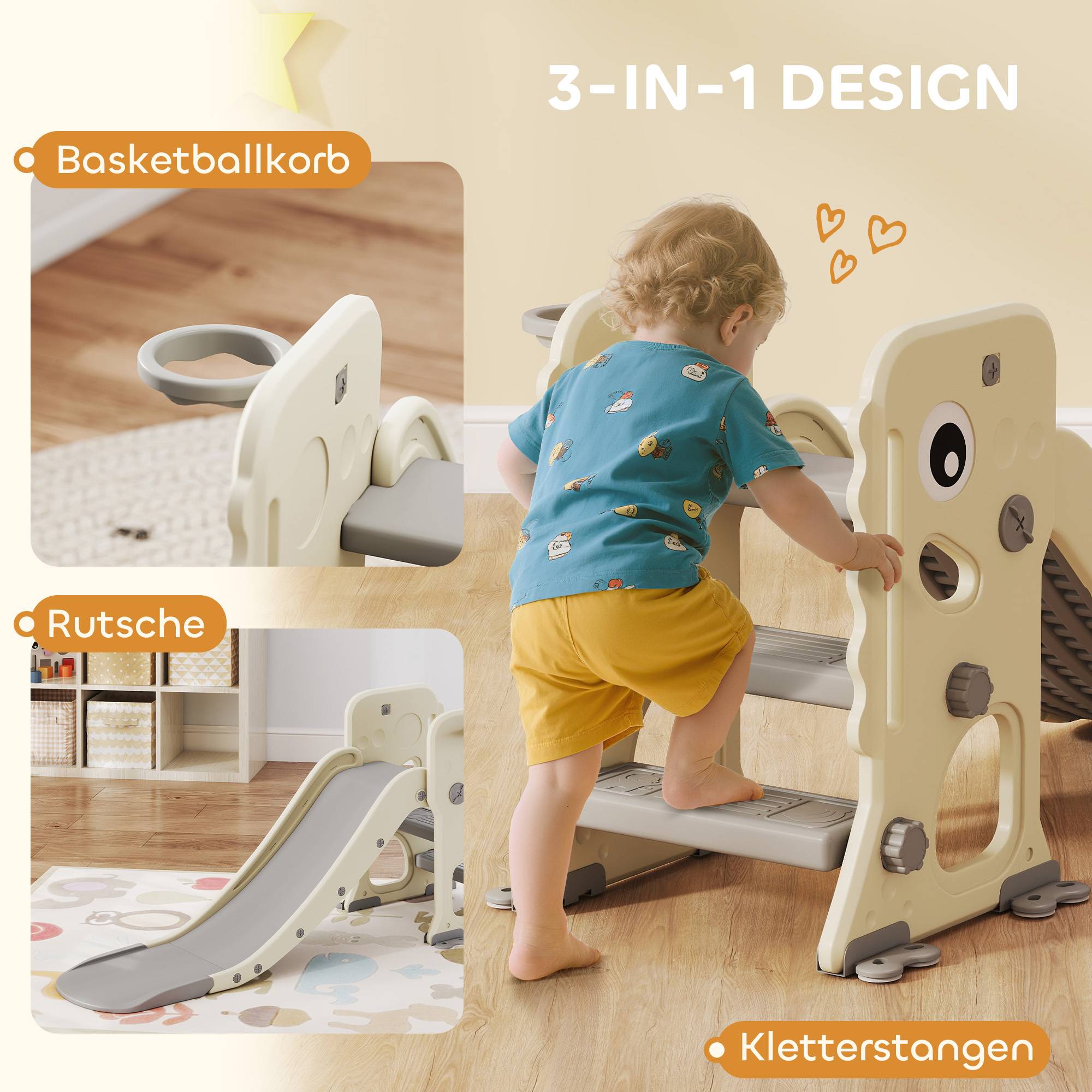 Toboggan 3 en 1 pour enfants avec structure d'escalade, panier de basket et ballon, toboggan pliable d'intérieur pour enfants de 2 à 5 ans - Image 7